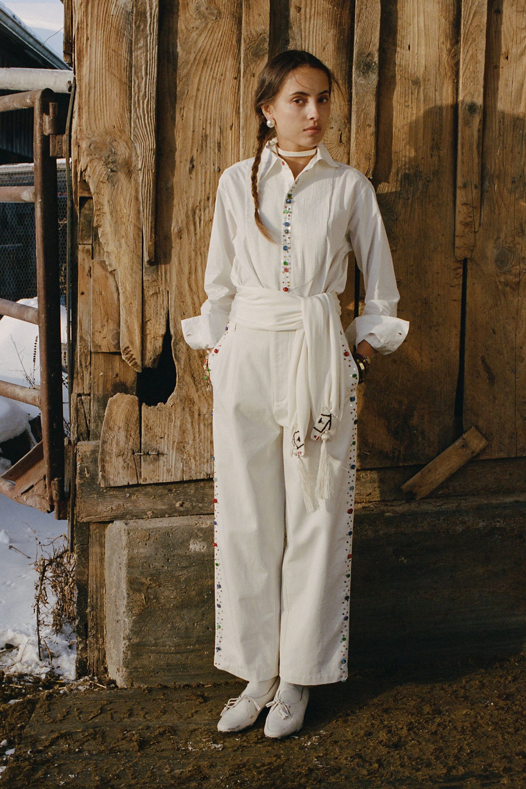 white cotton long-sleeve collared relaxed embroidered shirt