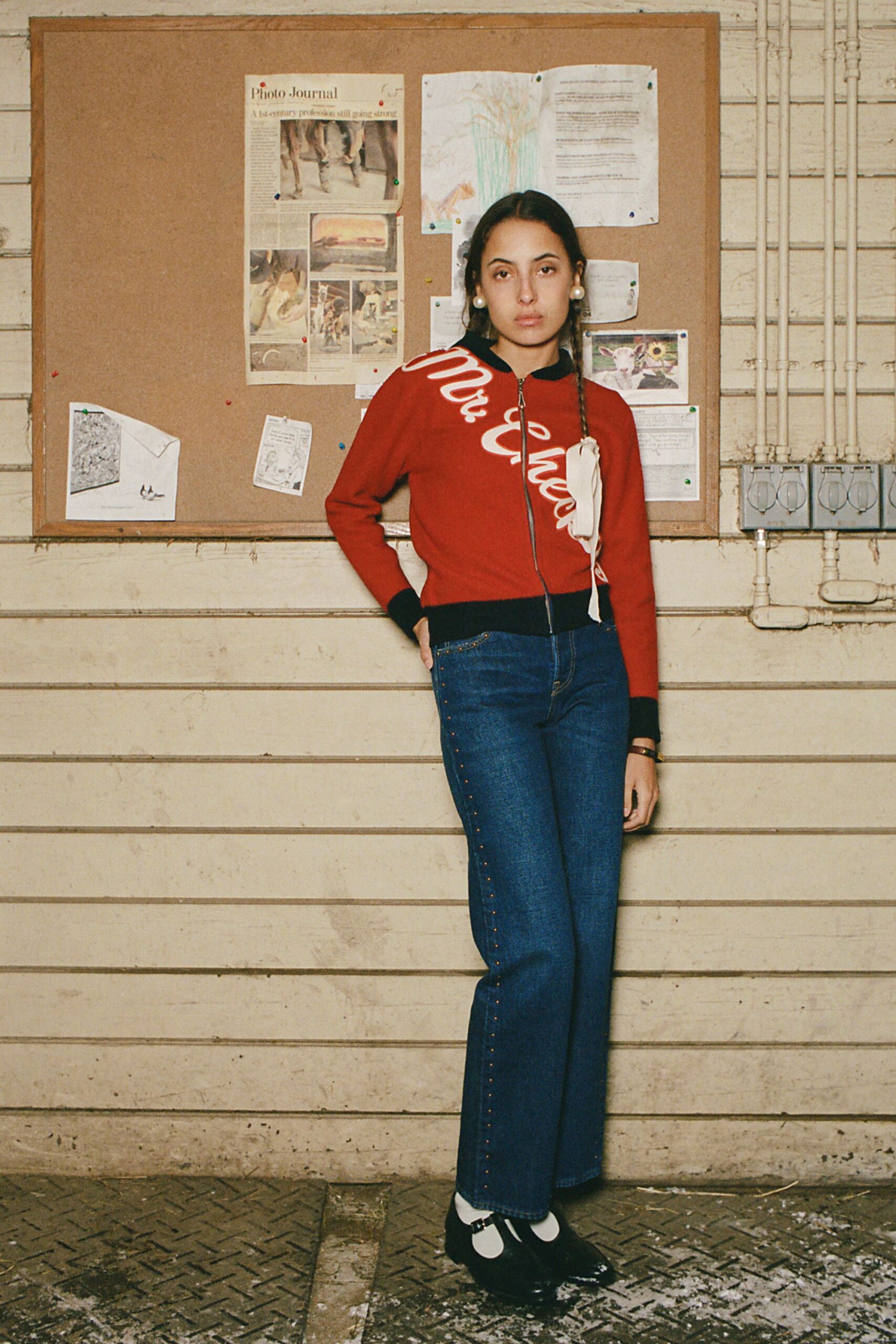 red cotton long-sleeve collared fitted embroidered sweater