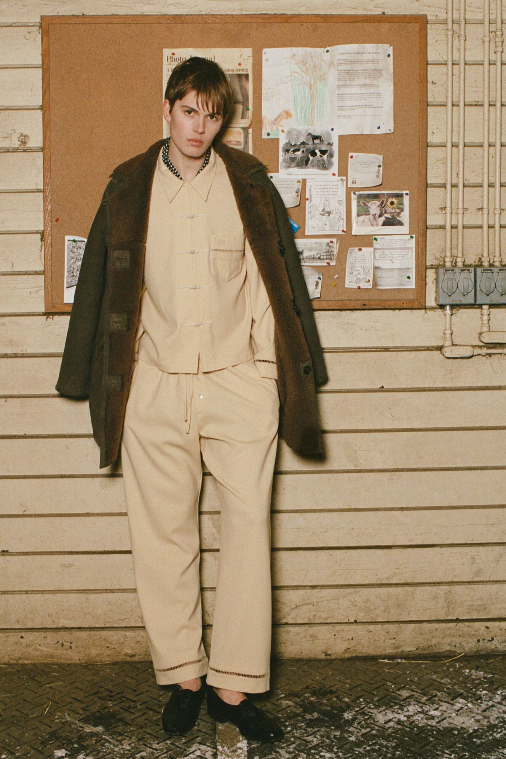 brown wool coat beige shirt pants