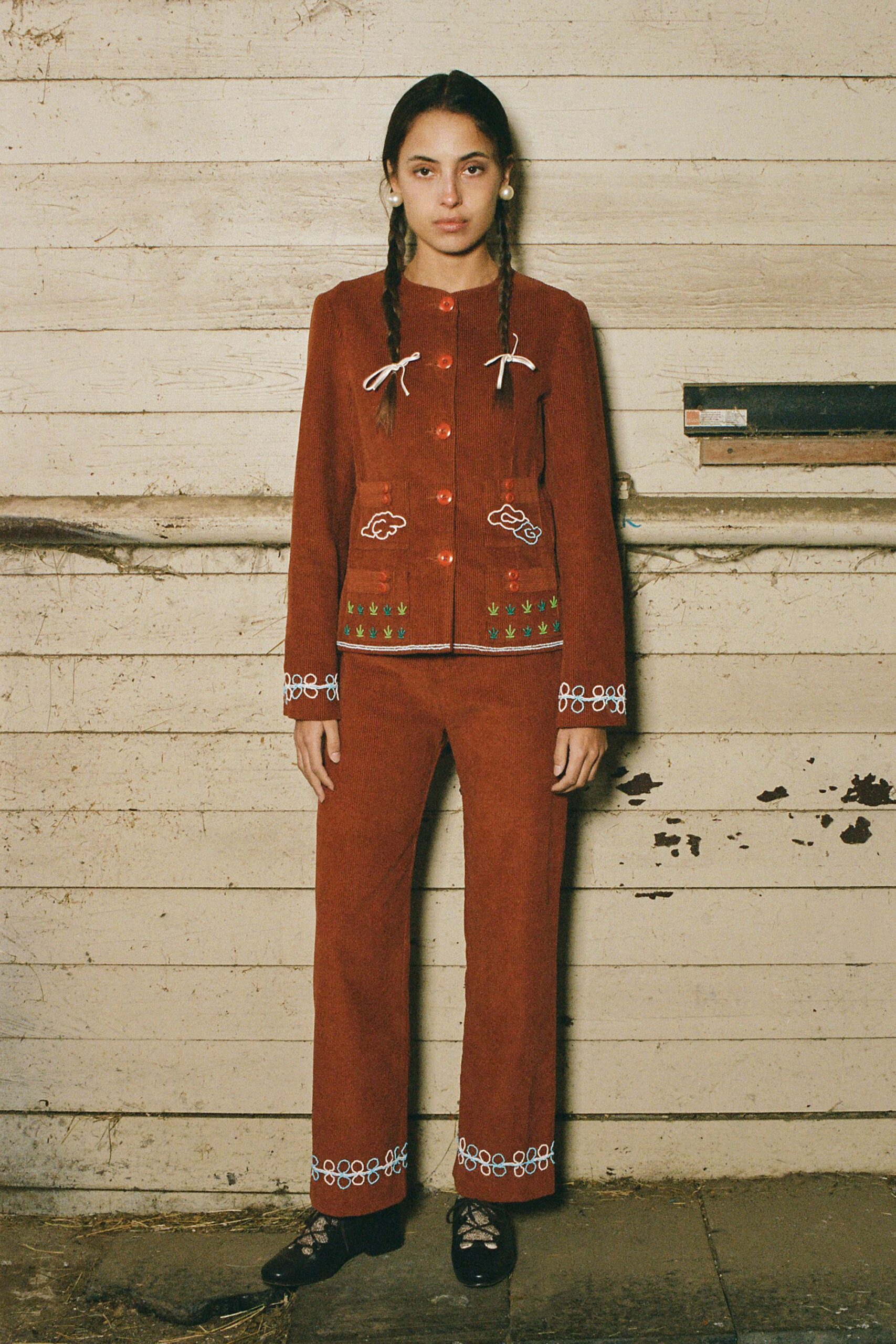 red cotton fitted straight-leg pants