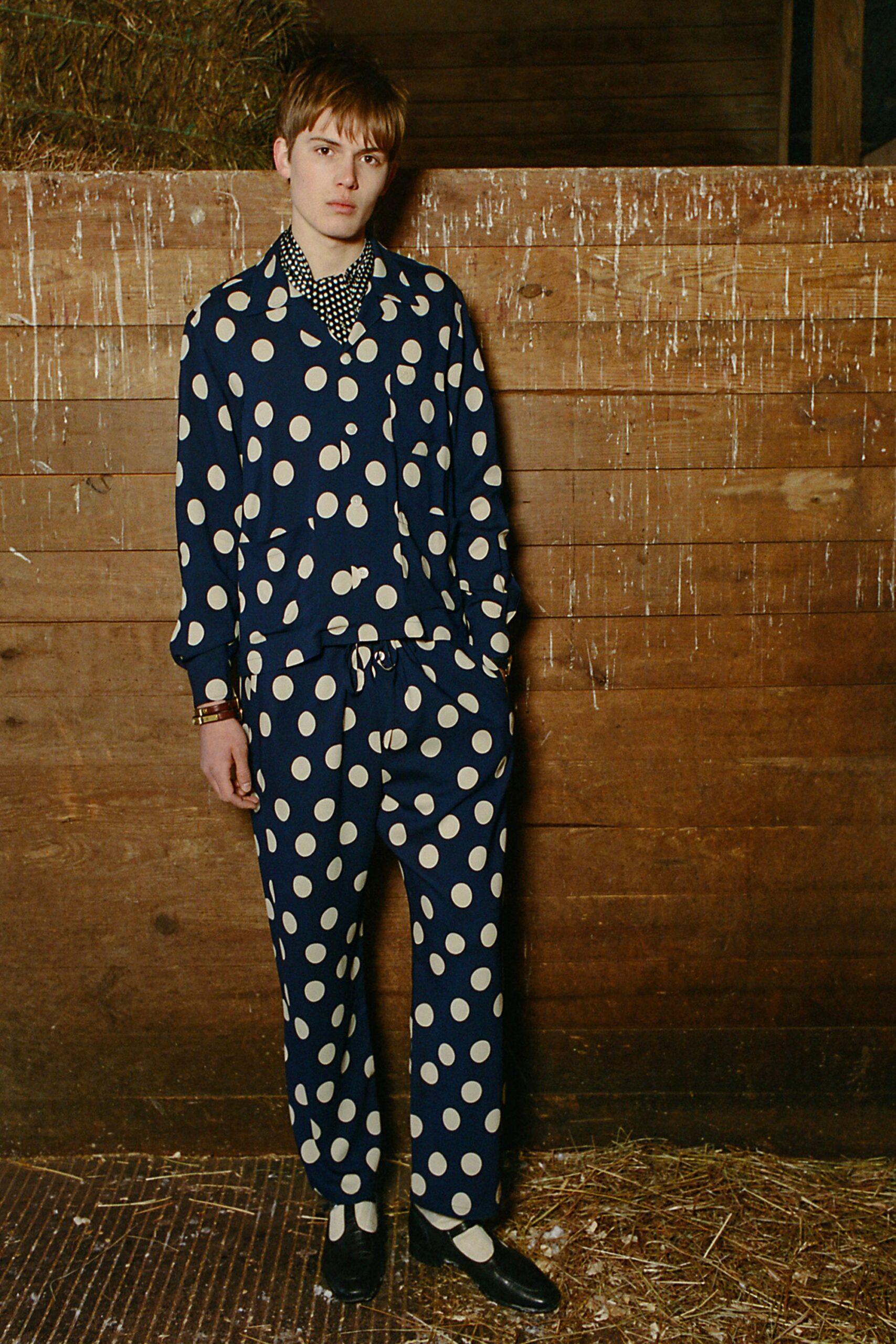 blue polka-dot shirt and pants