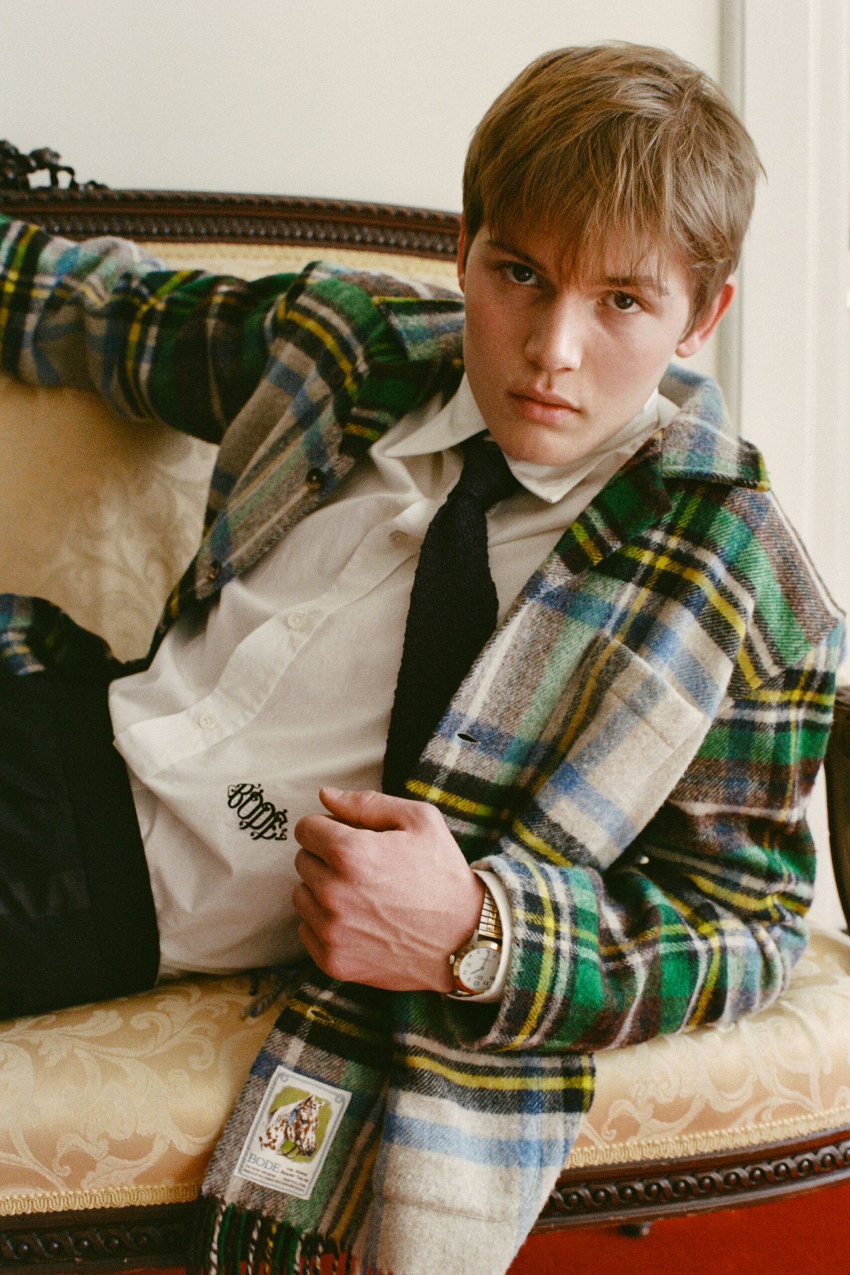 green wool long-sleeve collared relaxed checked jacket