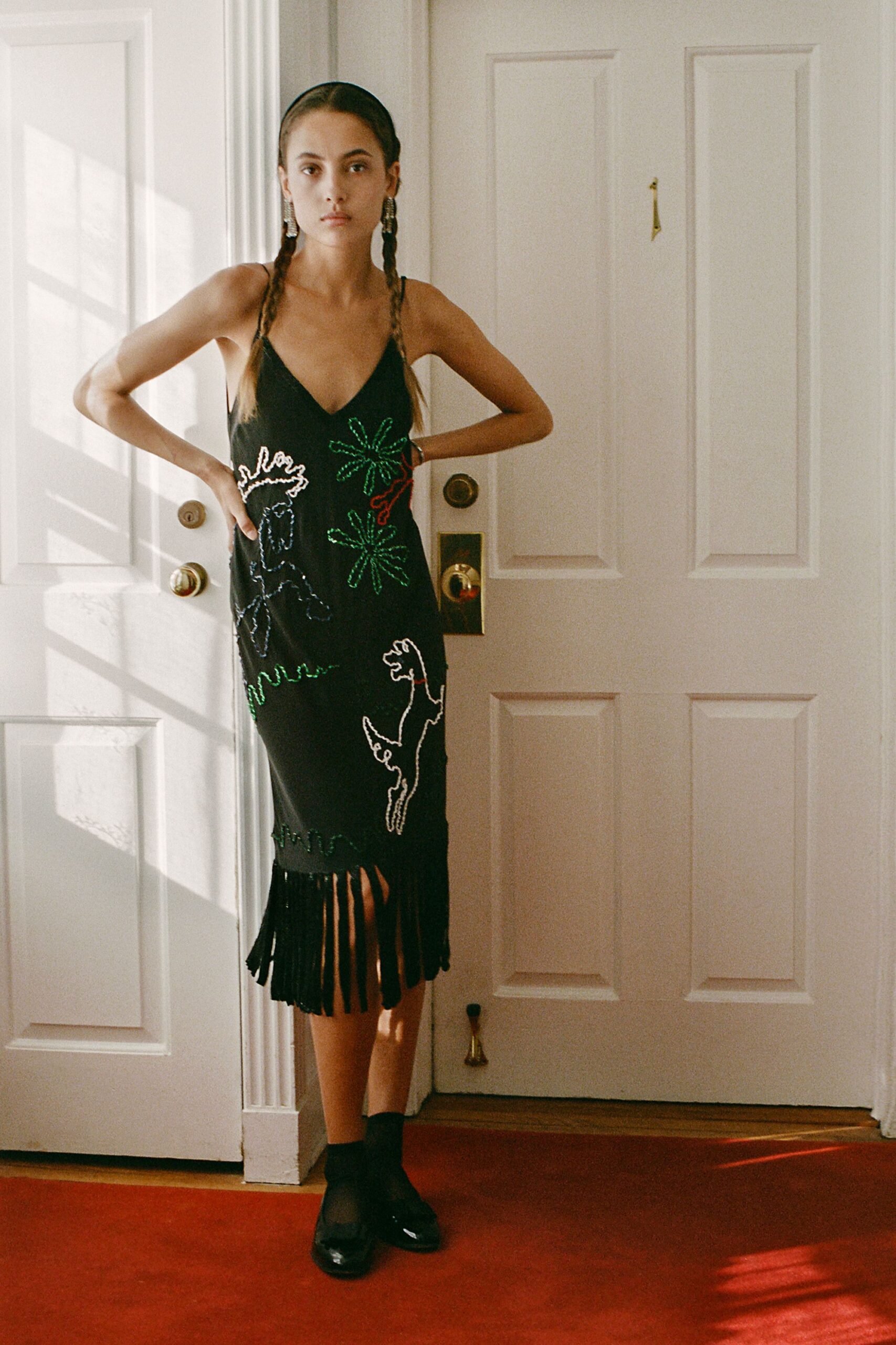 black cotton sleeveless v-neck fitted embroidered fringed dress