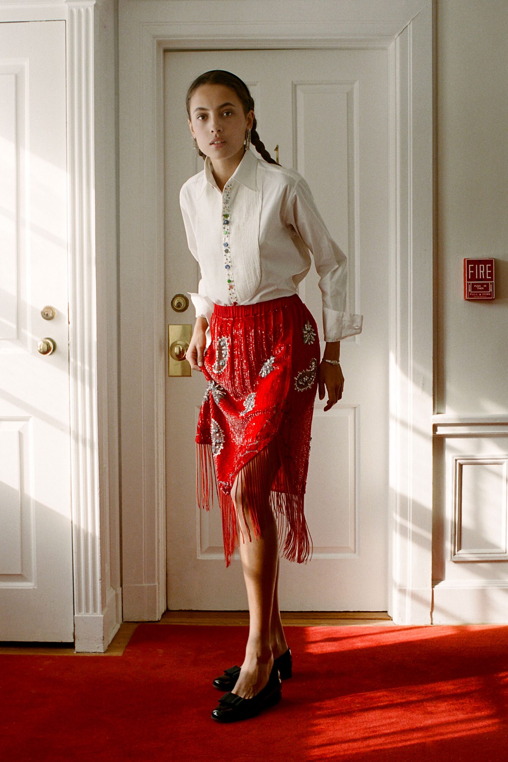 red cotton asymmetric fitted fringed skirt