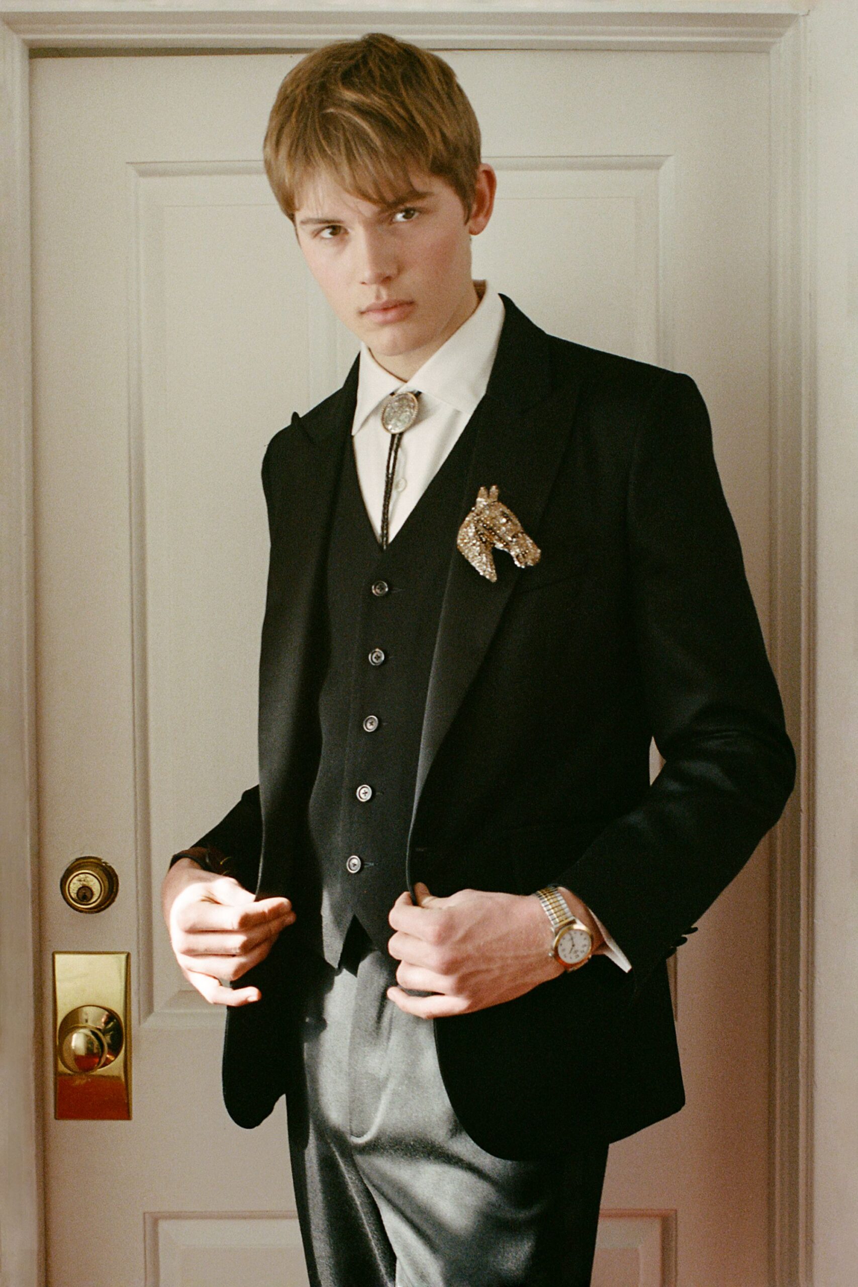 black tailored suit with white shirt