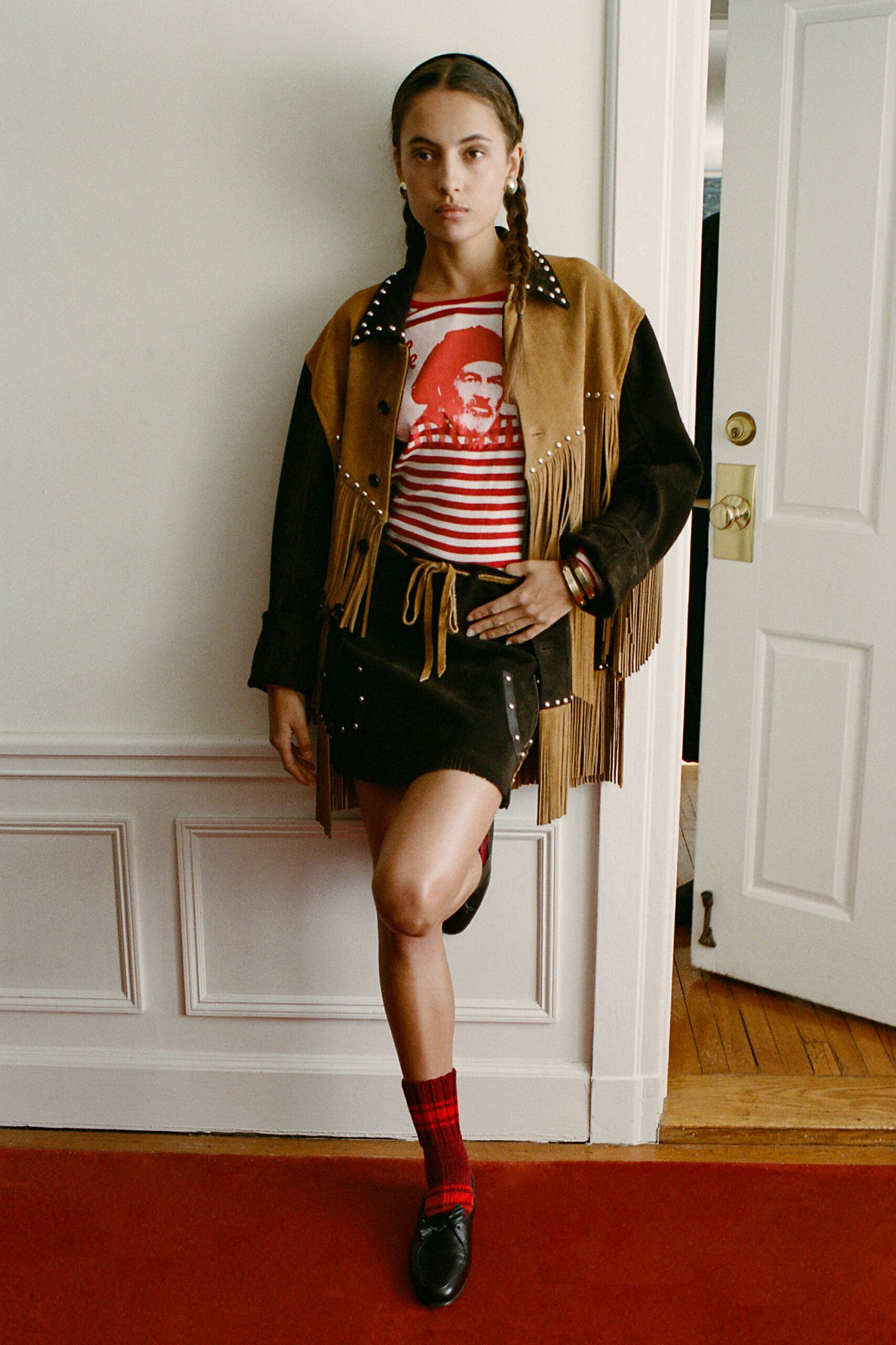 brown leather fringe jacket with striped top