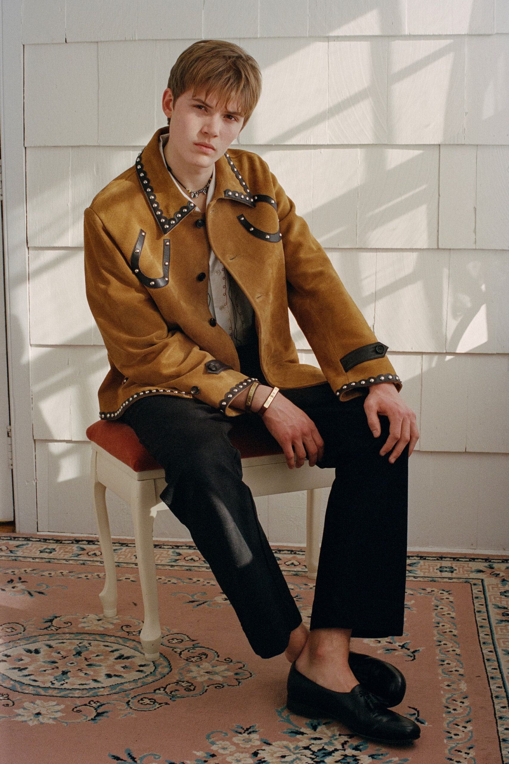 brown leather long-sleeve collared fitted buttoned embellished jacket