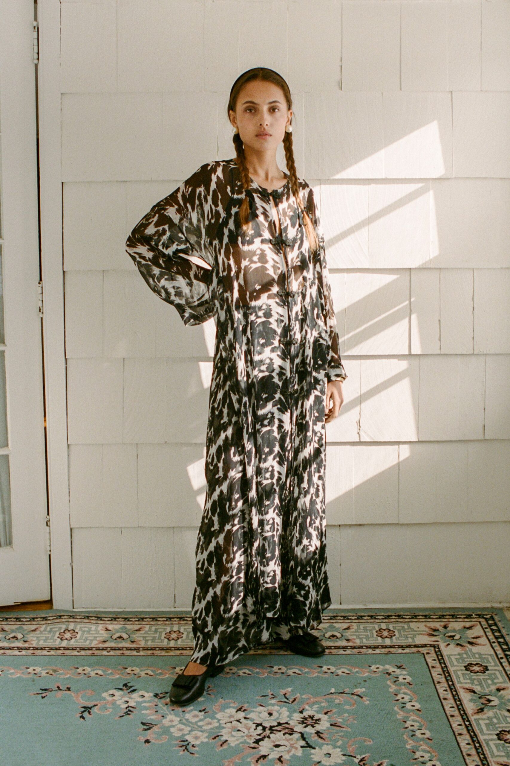 black silk long-sleeve relaxed printed maxi dress