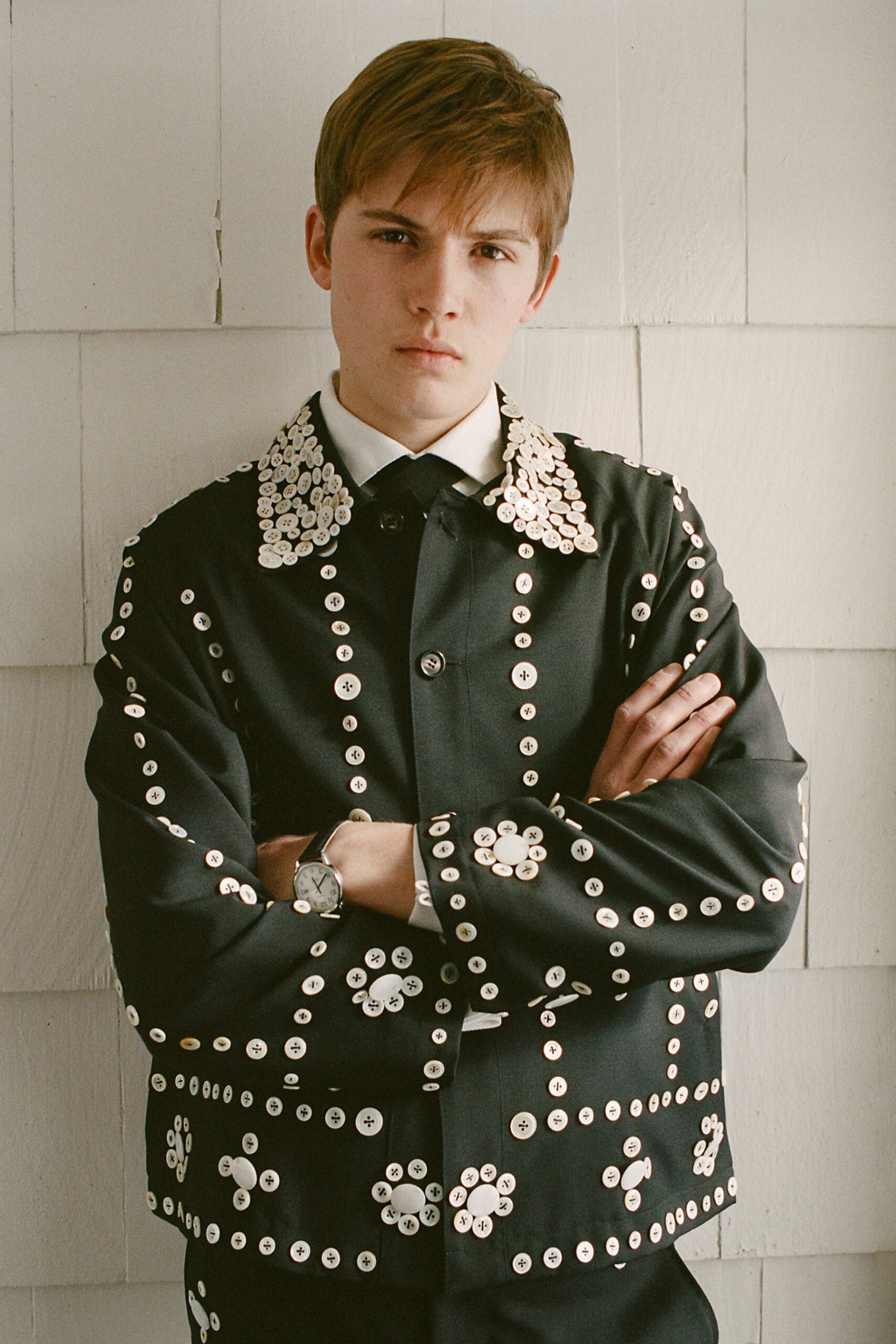 black embroidered jacket with white shirt