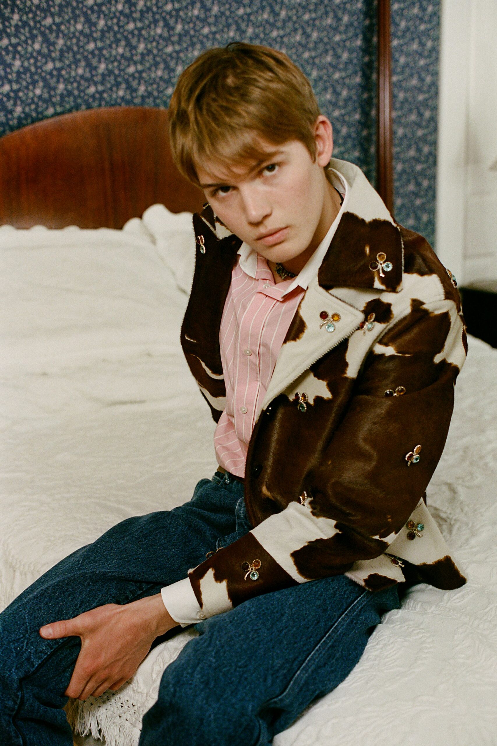 brown faux-fur long-sleeve fitted embroidered jacket