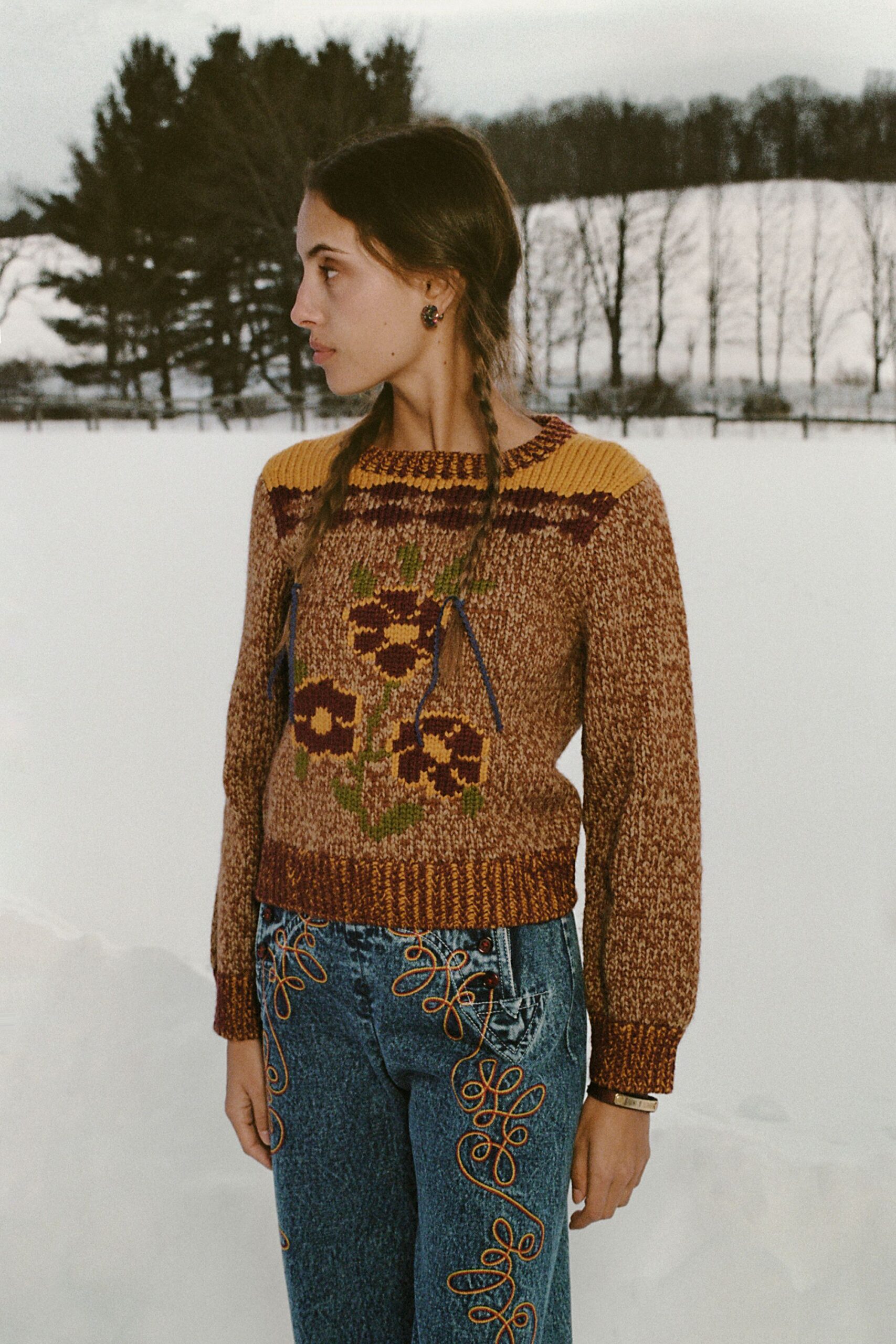 brown wool long-sleeve collared fitted embroidered sweater