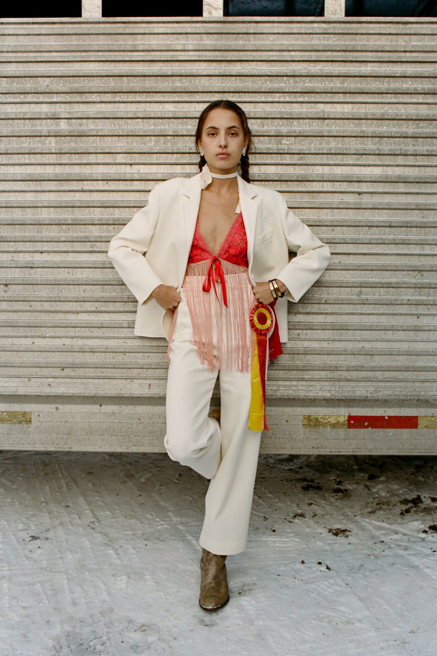 white blazer red bustier outfit