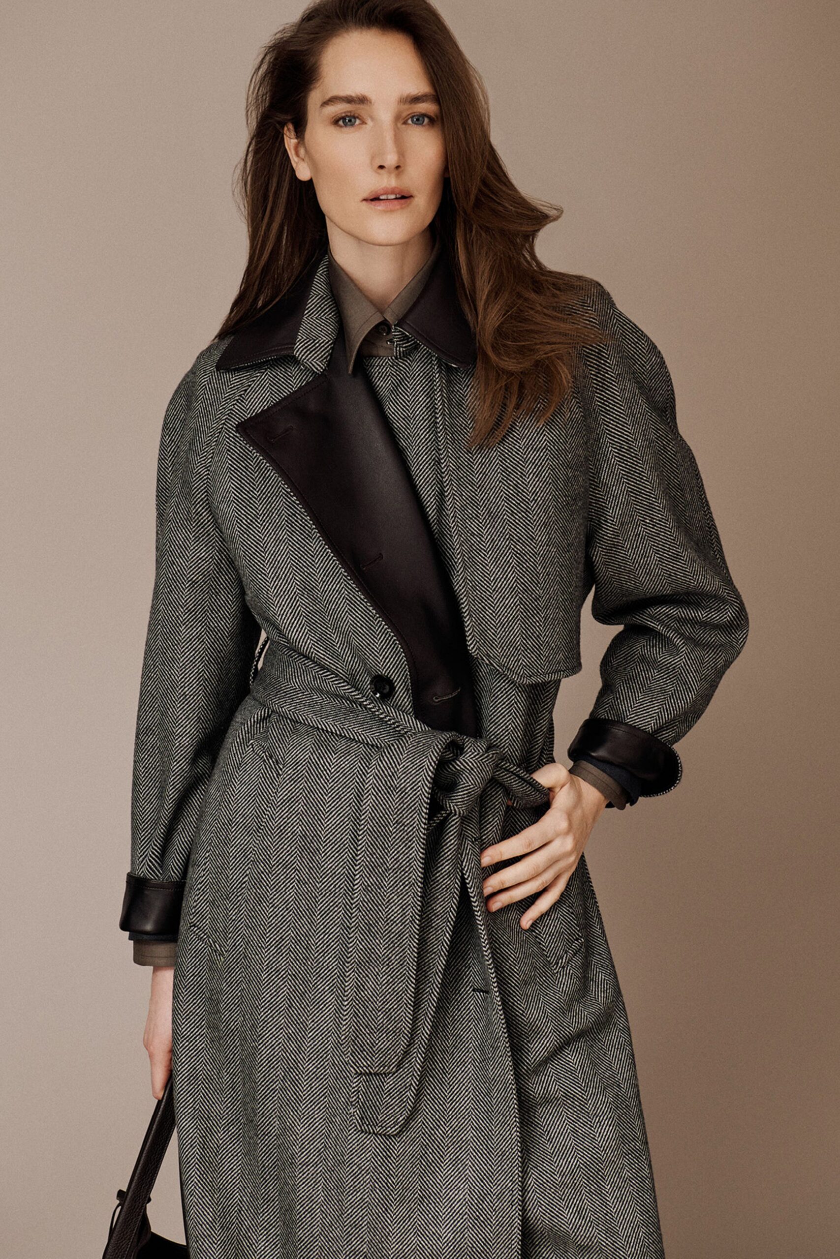 gray wool long-sleeve collared structured belted layered coat