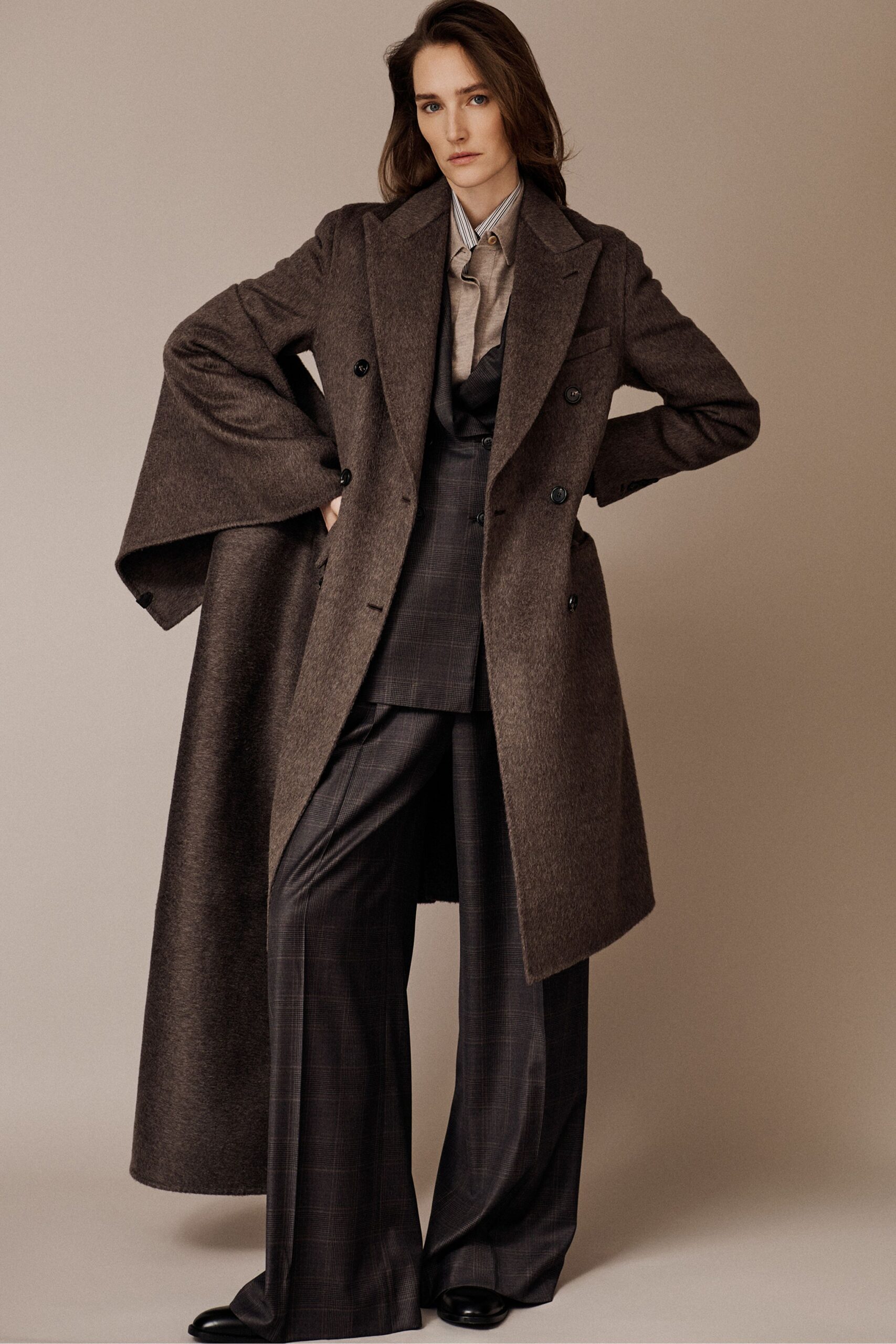 brown wool long-sleeve double-breasted structured layered coat