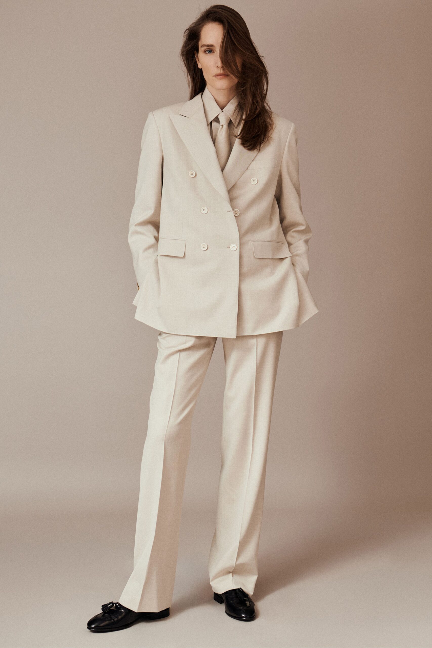 beige wool tailored straight-leg pants