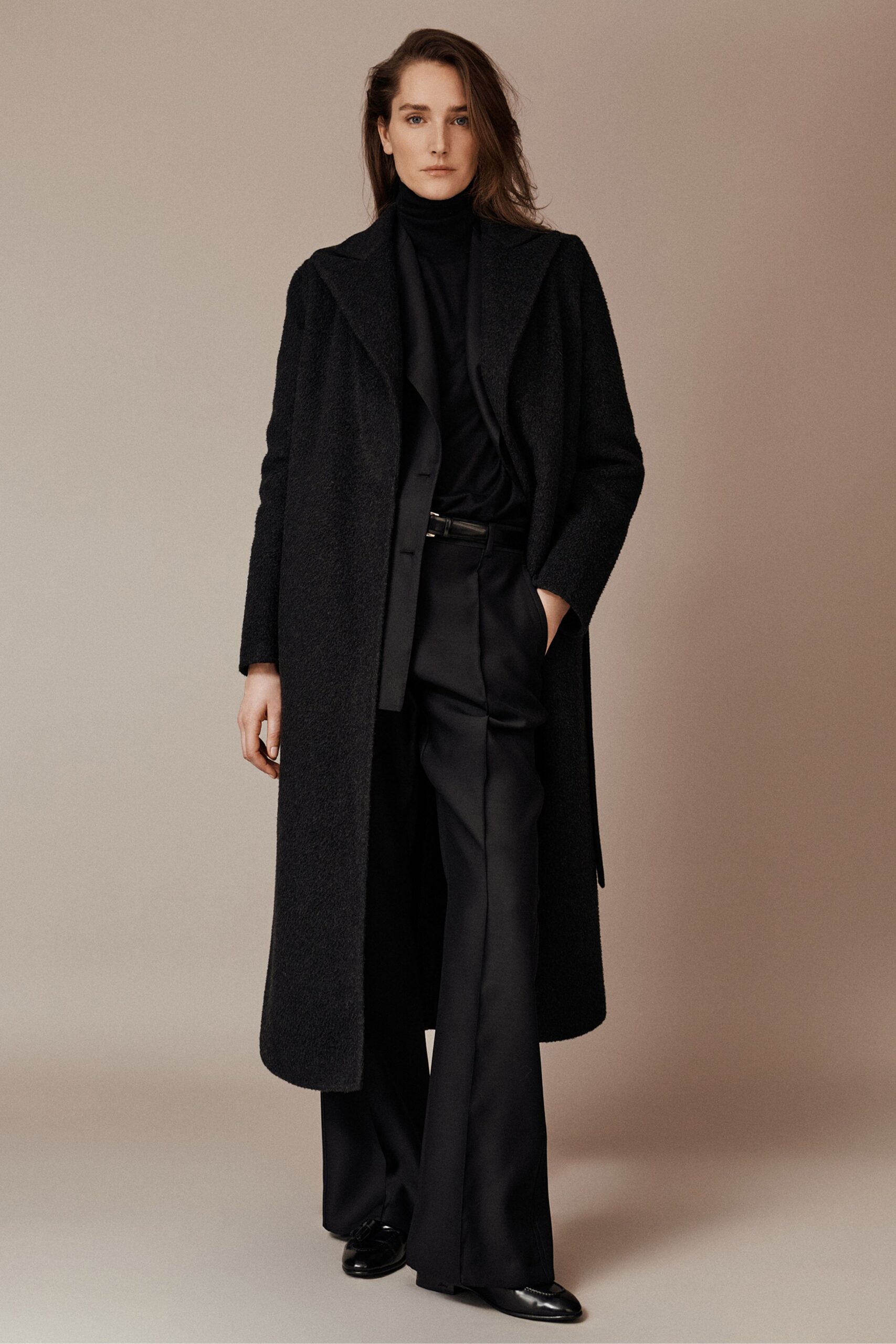 black wool long-sleeve collared relaxed buttoned maxi coat