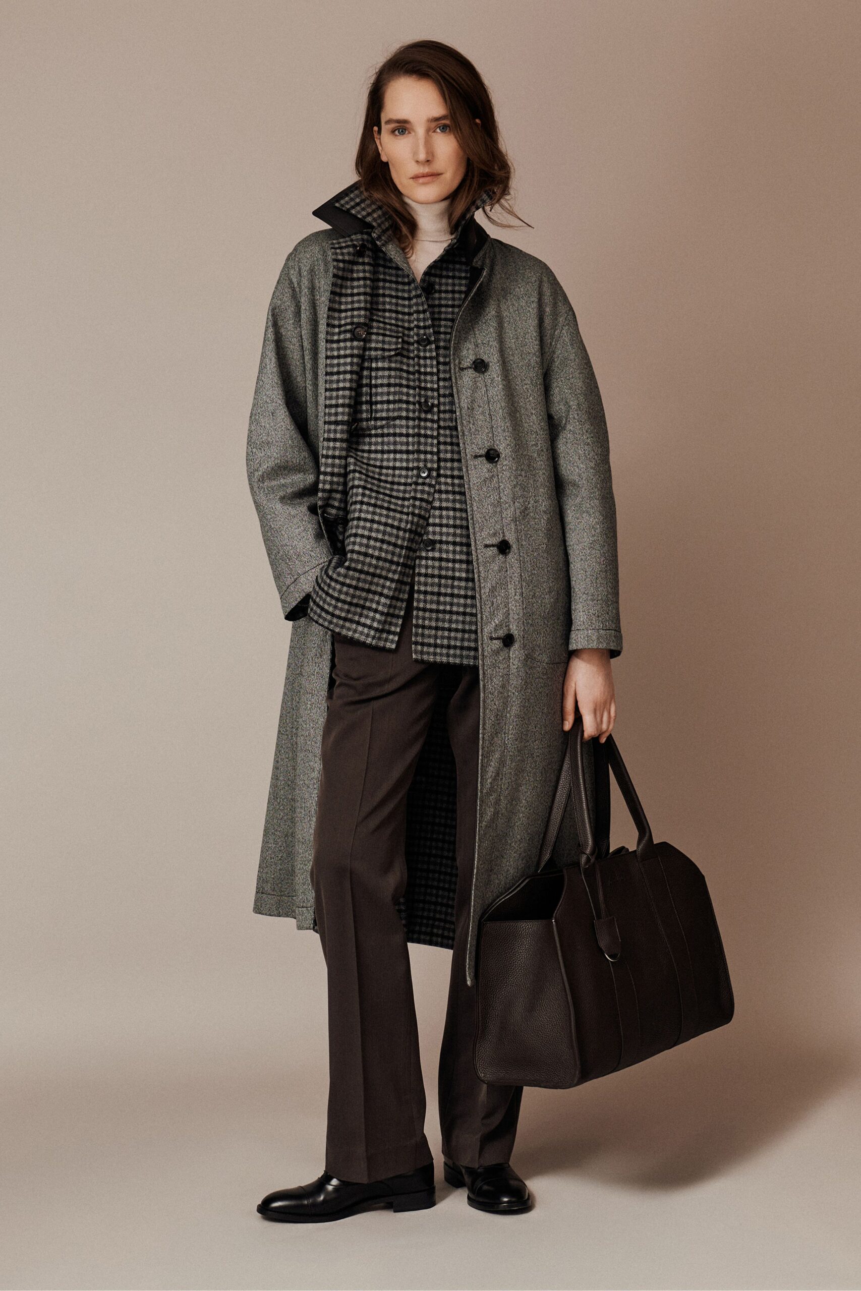 gray wool long-sleeve collared relaxed buttoned maxi coat