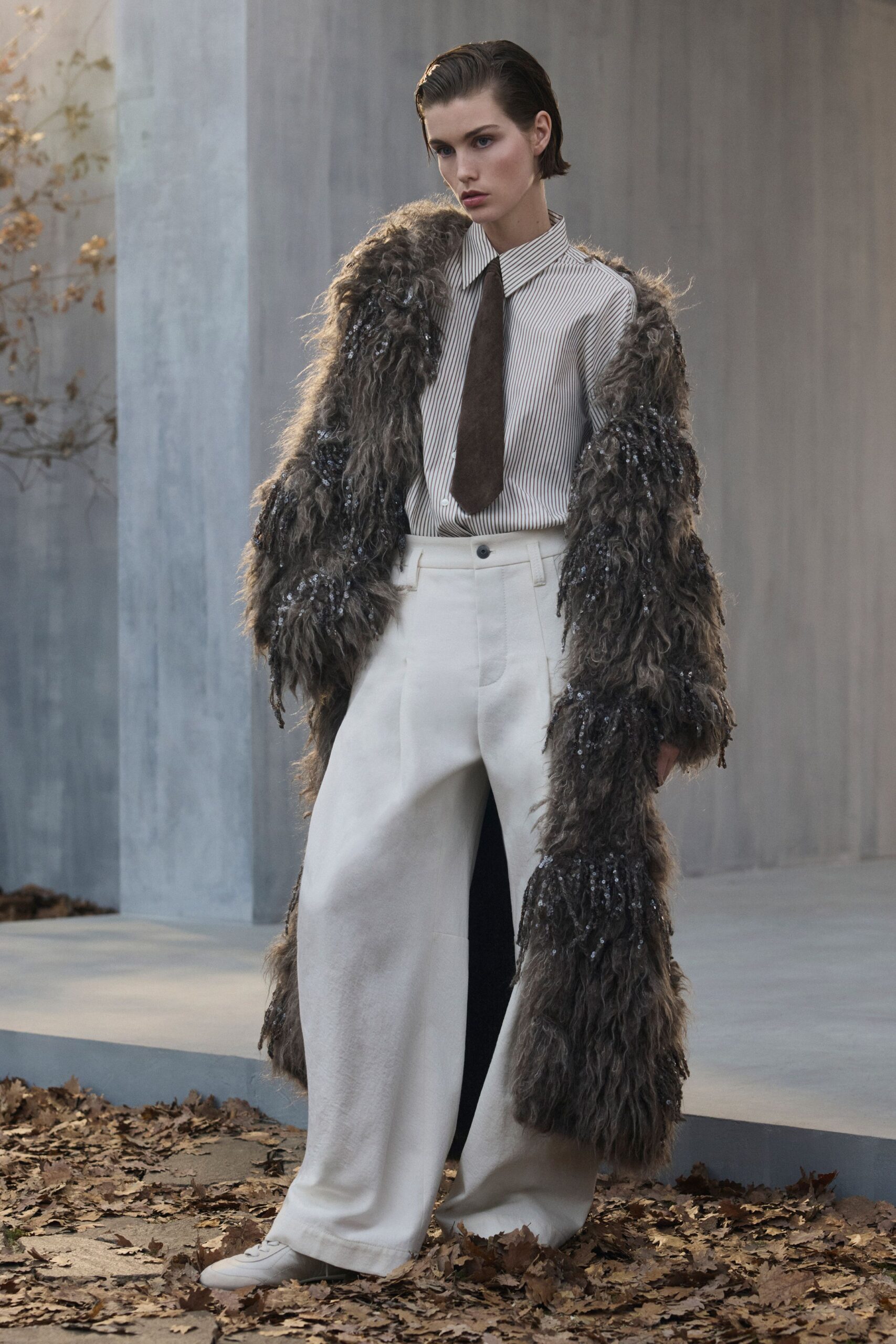 brown fur relaxed fringed coat
