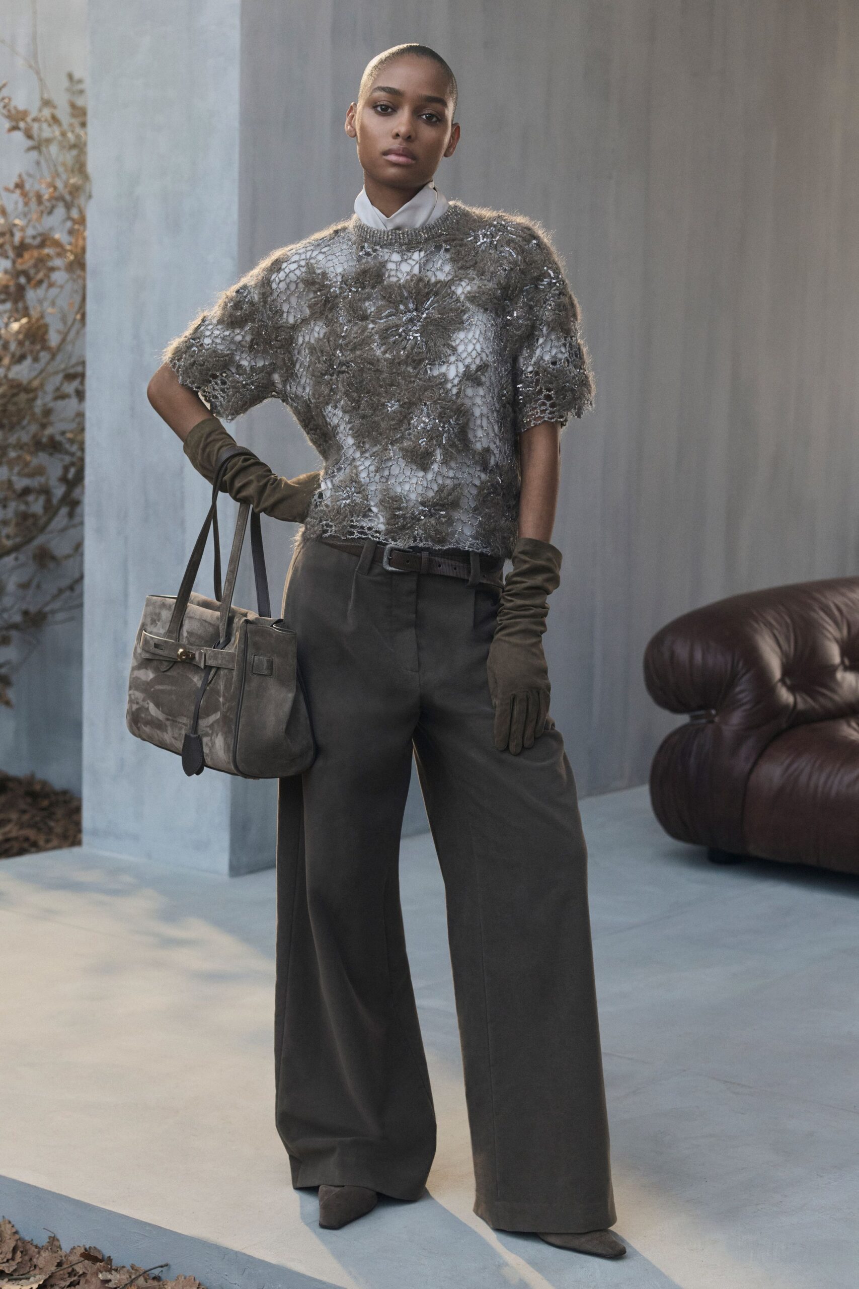 gray wool short-sleeve high-neck relaxed textured top