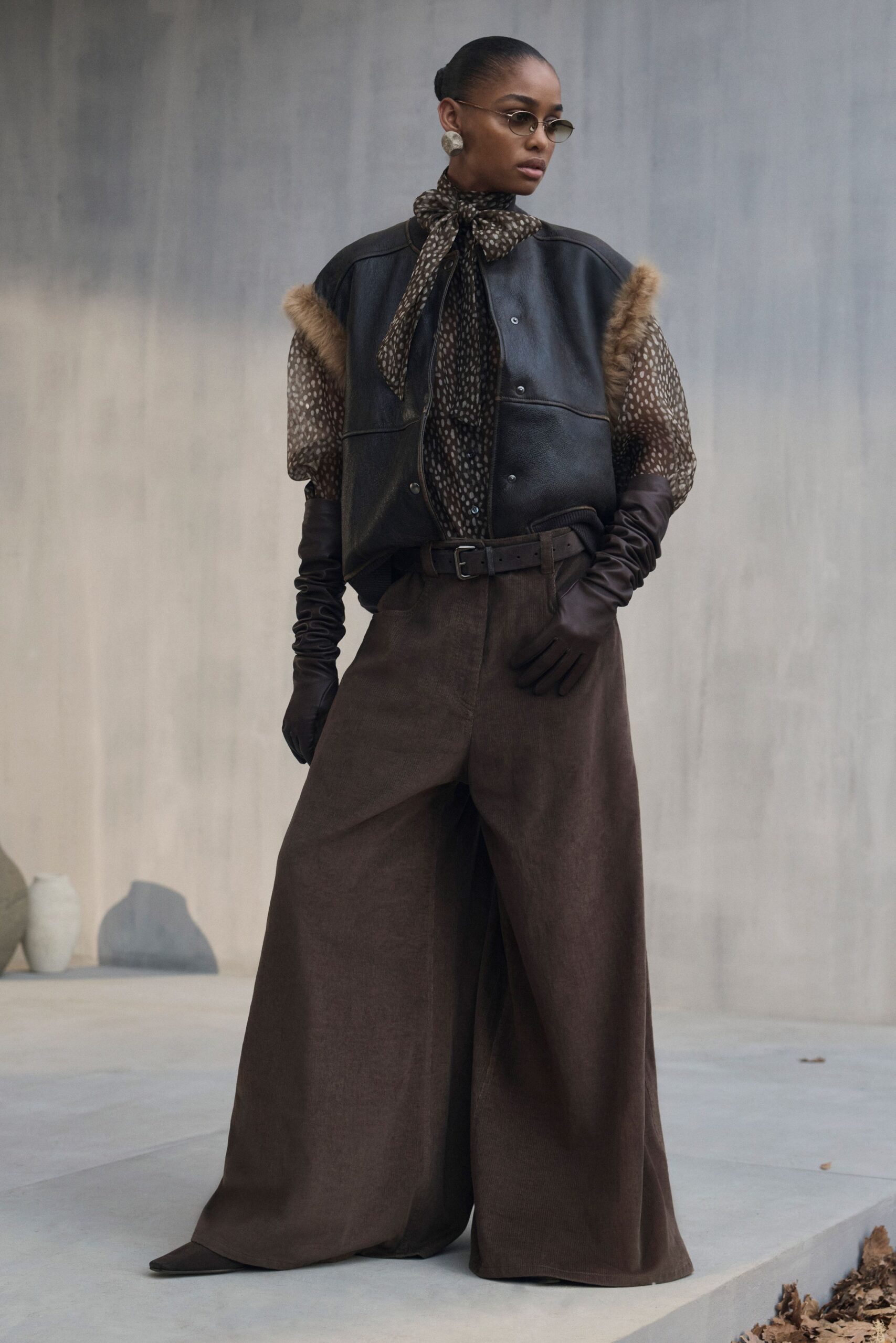 brown silk long-sleeve collared relaxed printed top