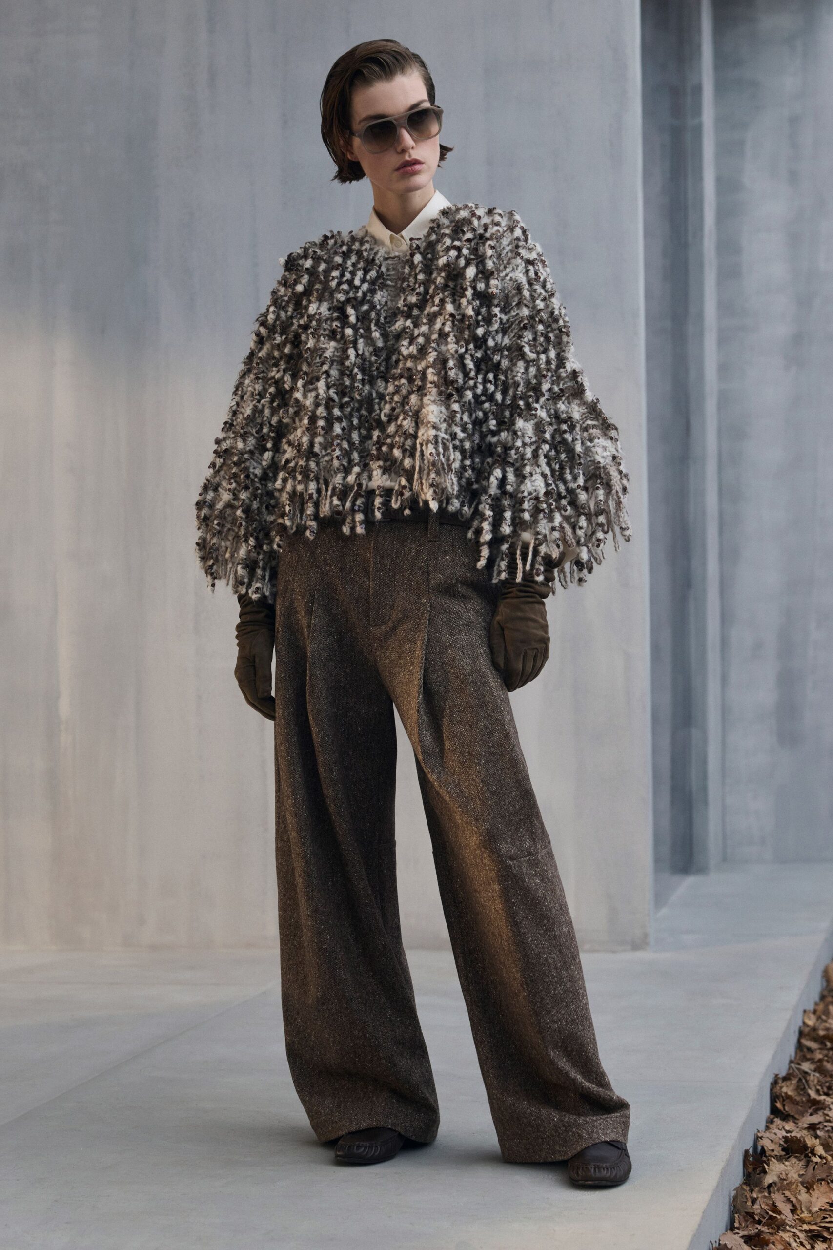 brown wool relaxed pleated wide-leg pants