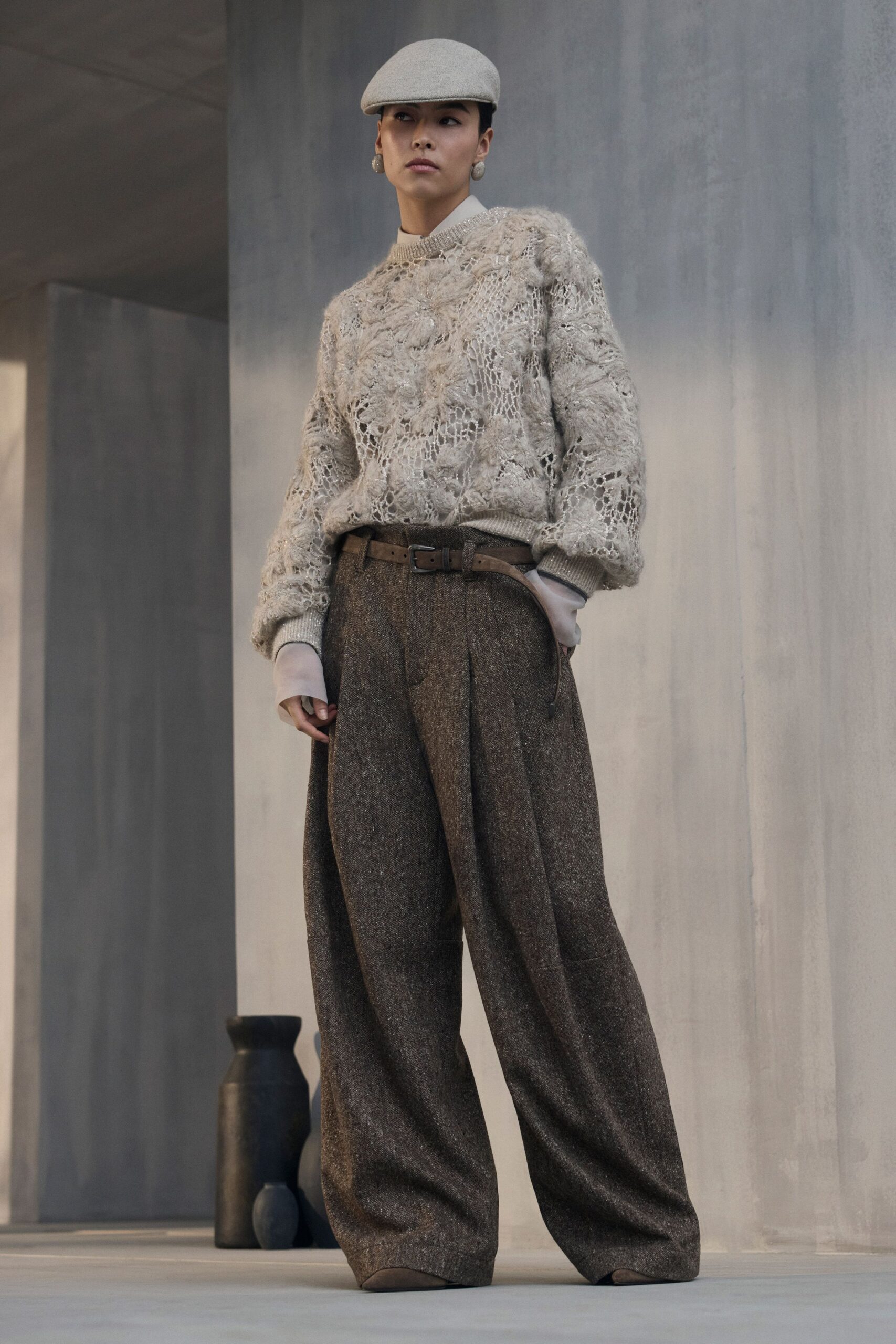 brown wool relaxed pleated pants