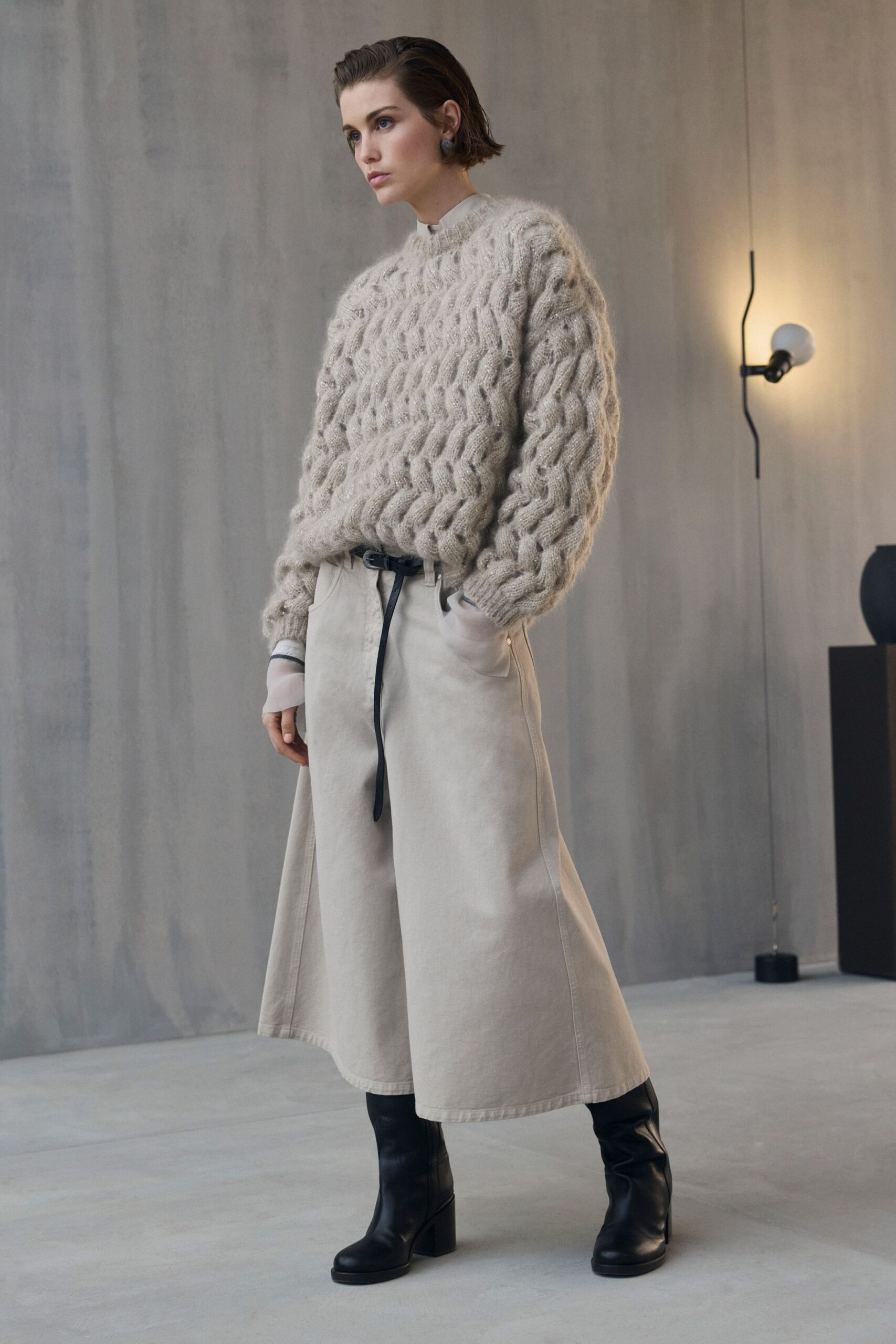 beige wool long-sleeve high-neck relaxed sweater