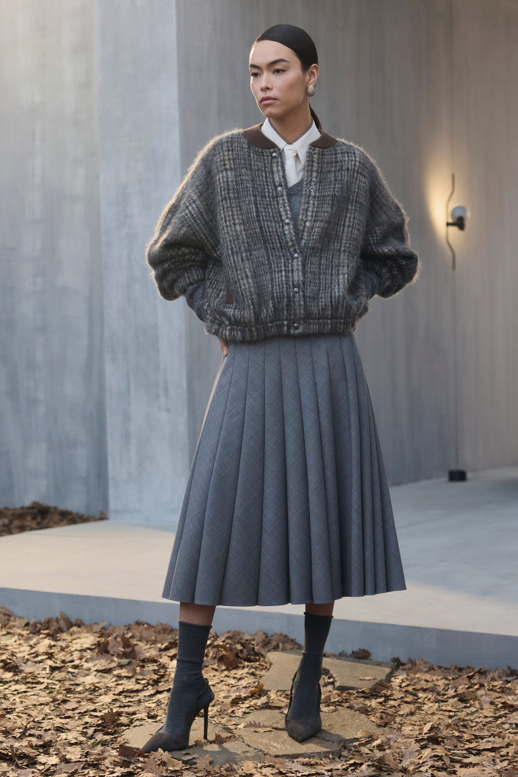 gray wool long-sleeve collared relaxed textured cardigan