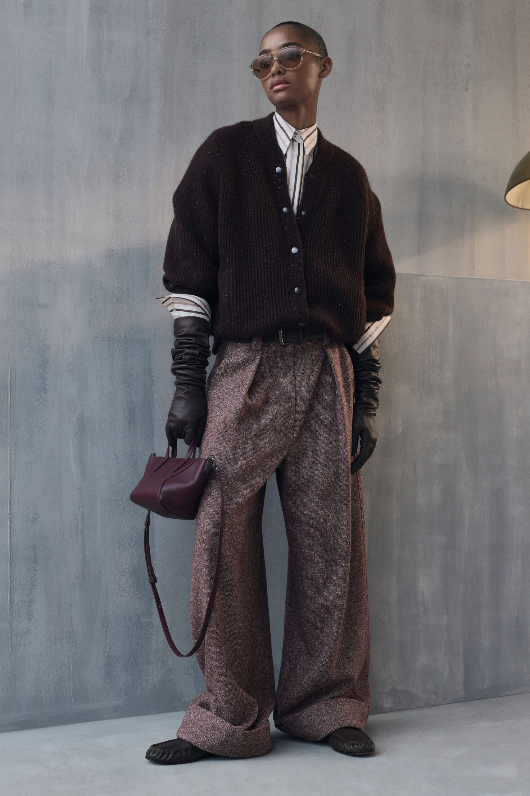 brown wool long-sleeve collared relaxed buttoned ribbed cardigan