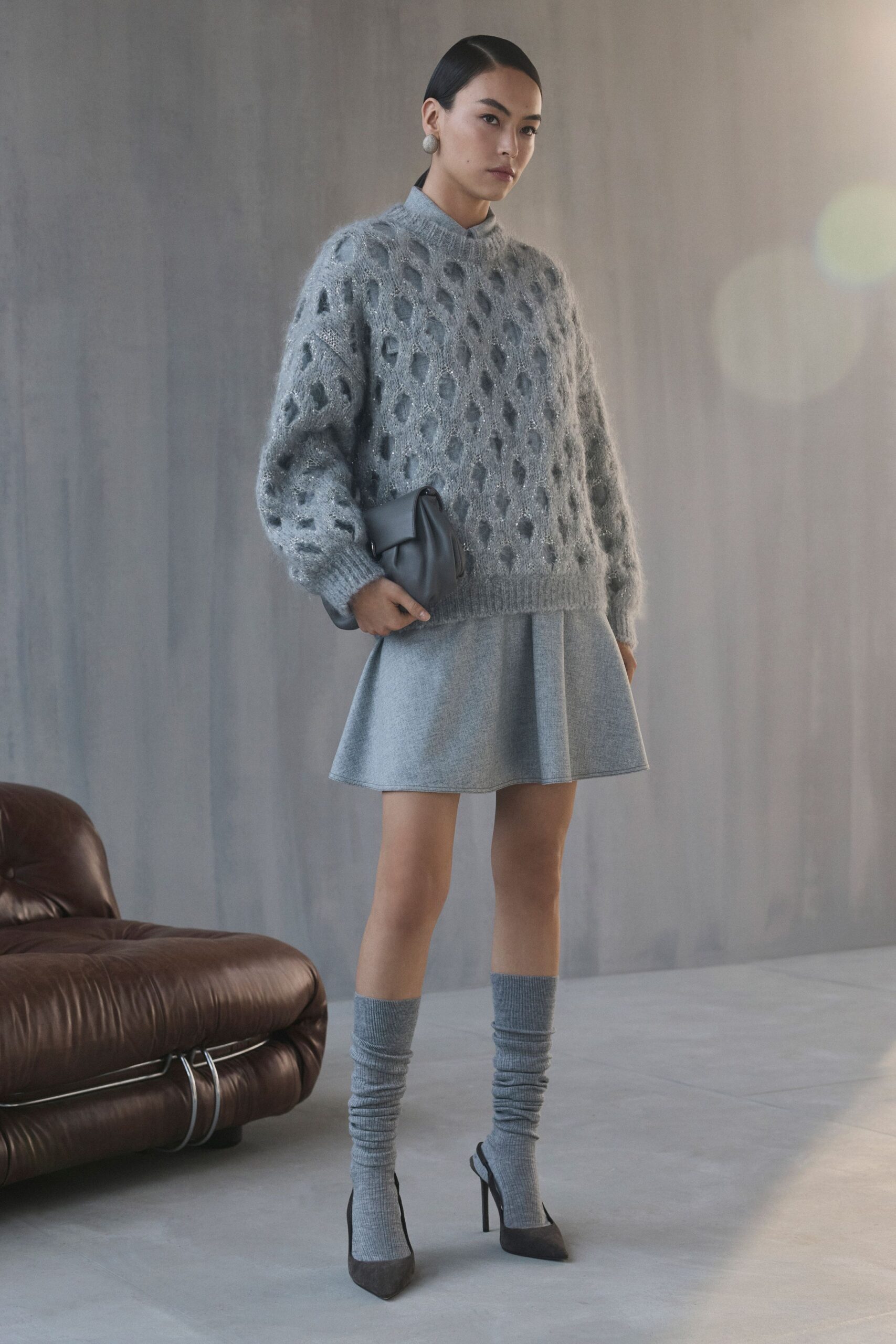 gray cotton fitted flared mini skirt