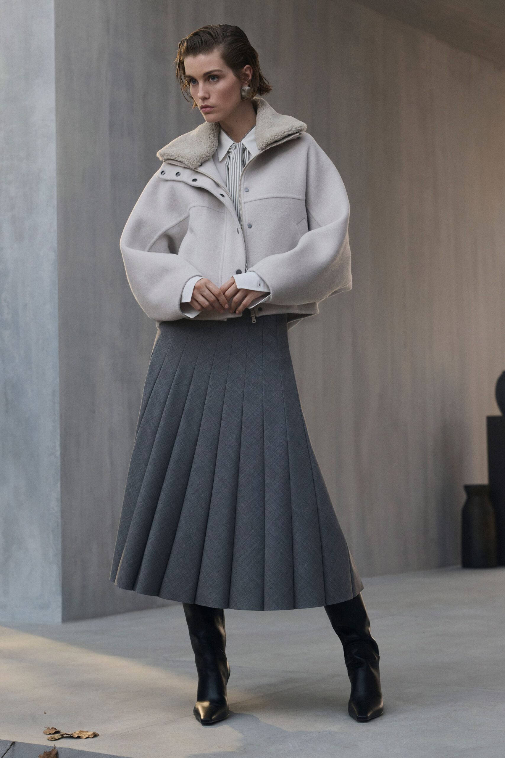 gray wool fitted pleated midi skirt