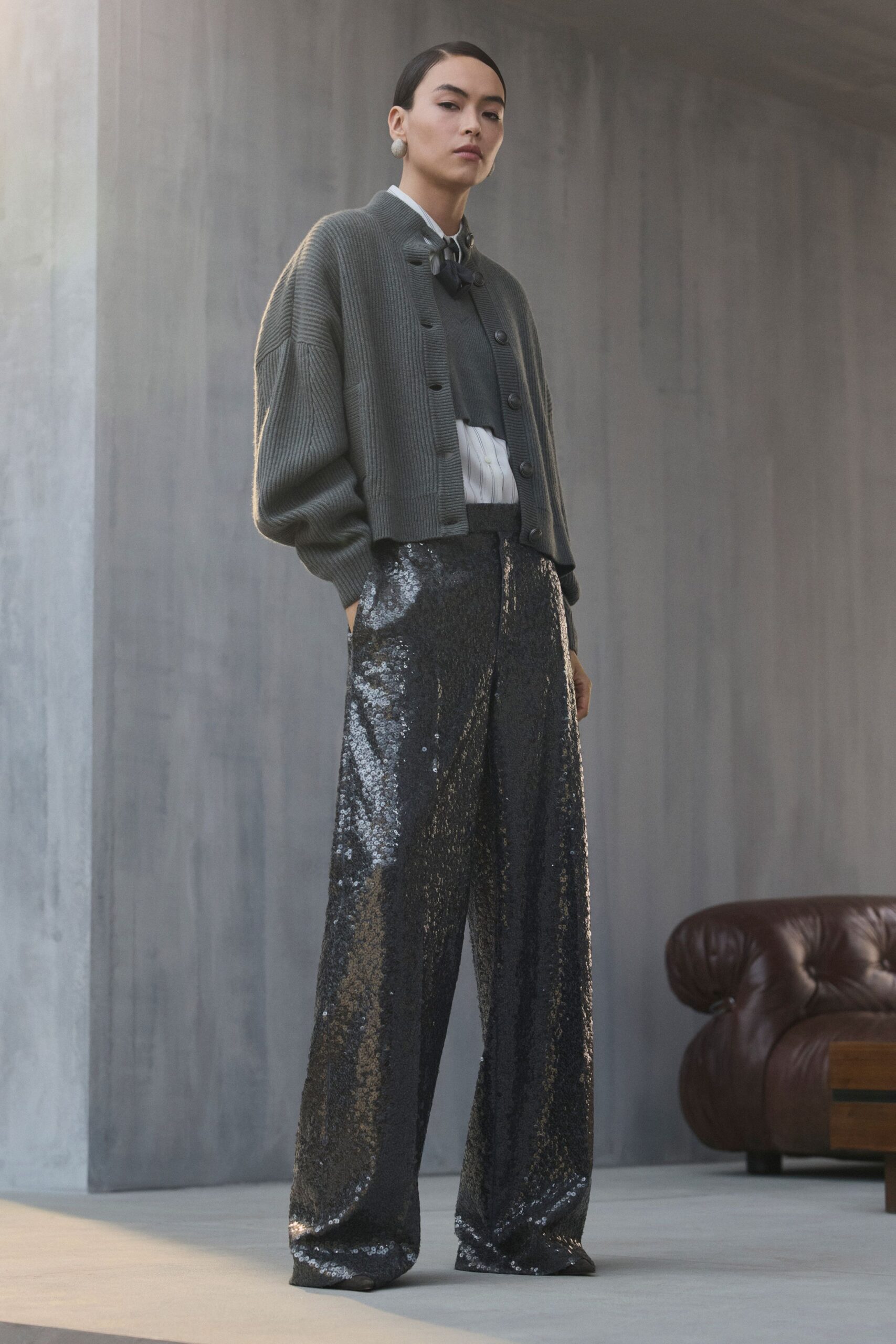 gray wool long-sleeve collared oversized buttoned cardigan