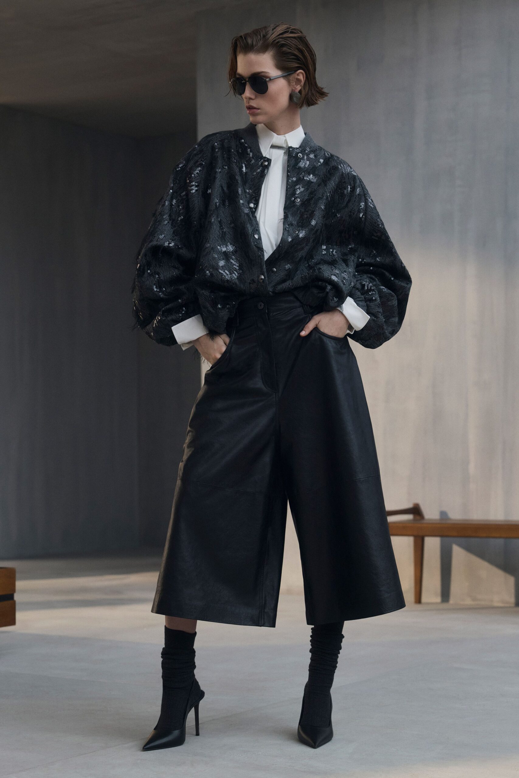 black silk long-sleeve collared oversized pleated embellished jacket