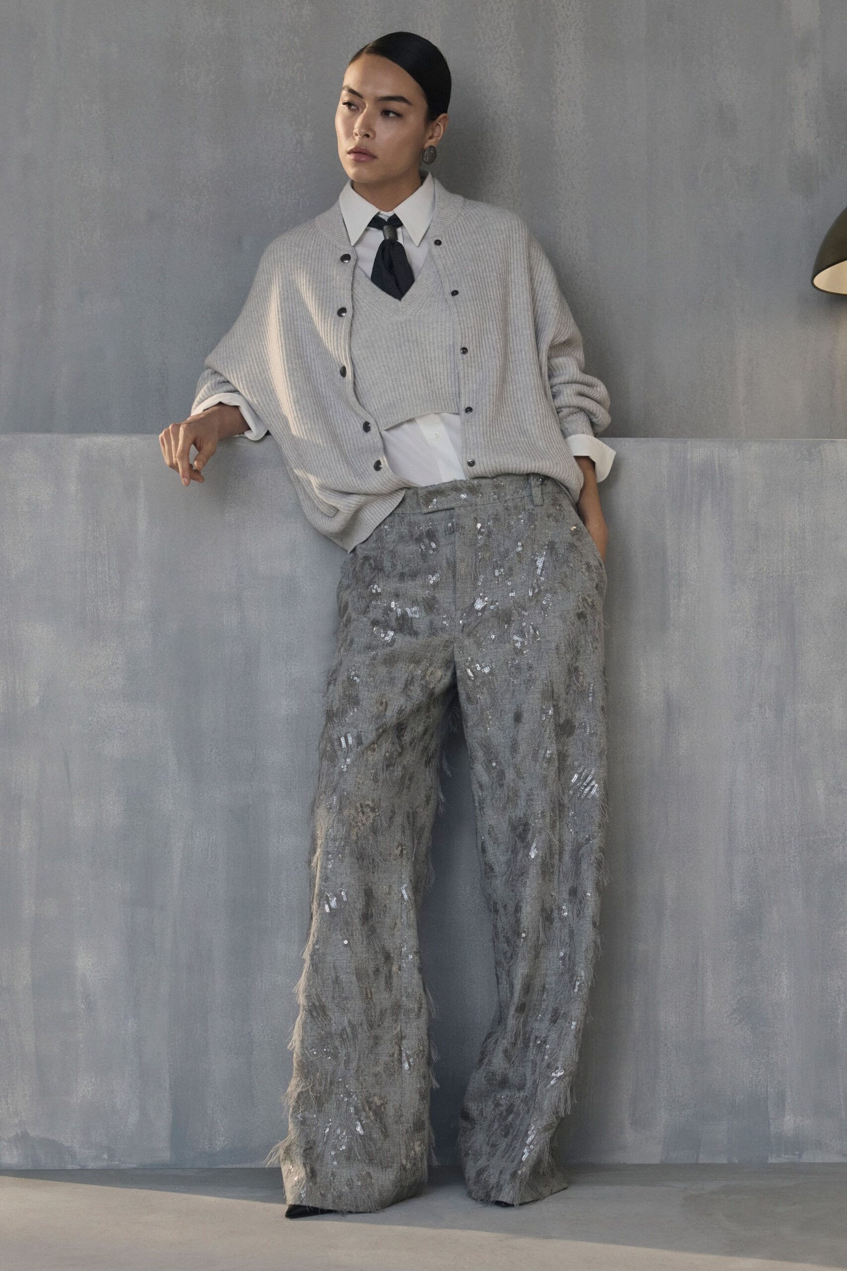 gray silk relaxed flared shiny pants
