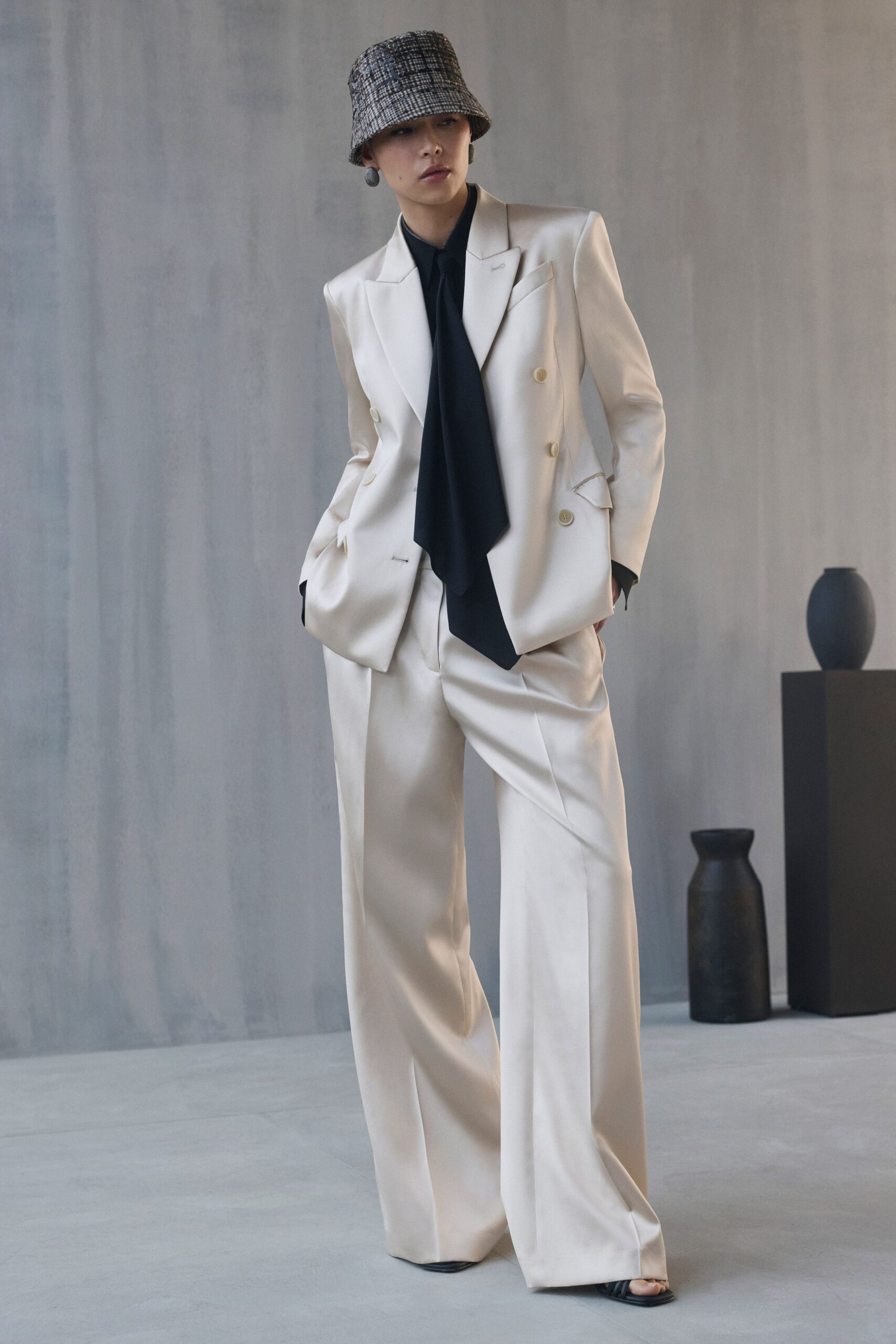white silk long-sleeve collared tailored buttoned wide-leg suit