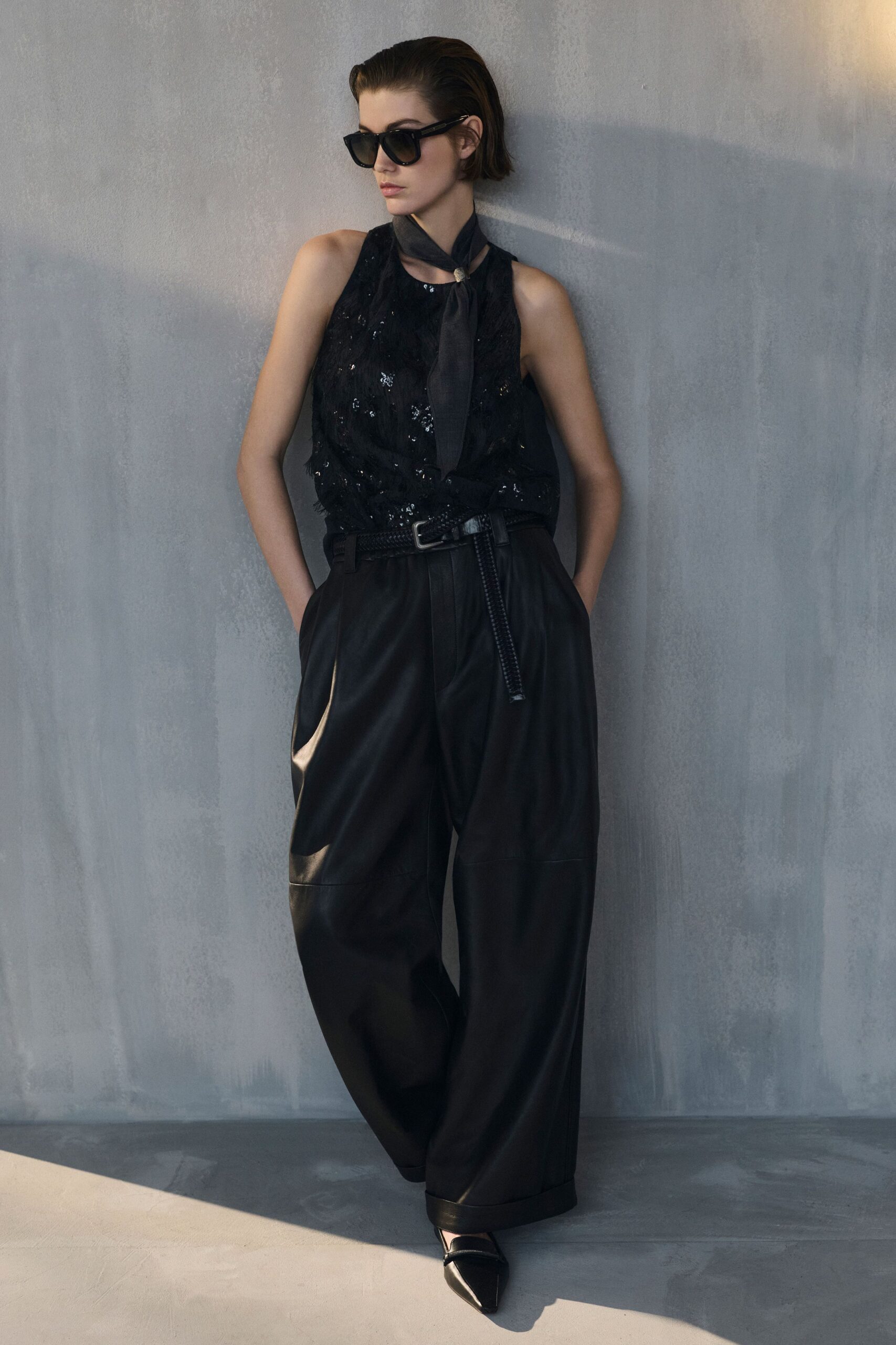 black silk sleeveless high-neck fitted sequined top