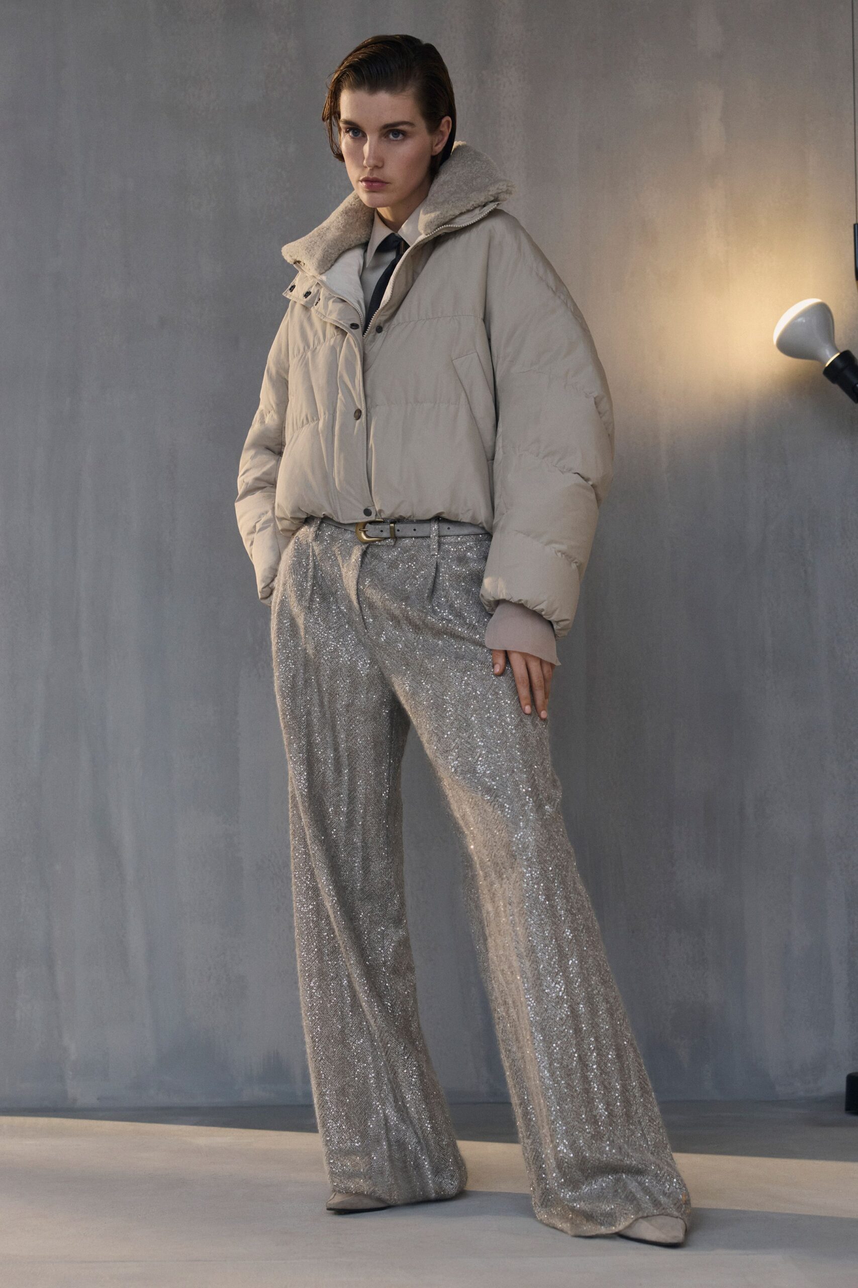 gray silk fitted flared shiny pants