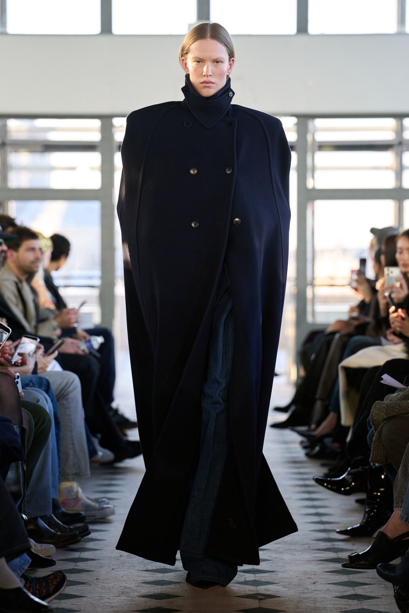 navy wool cape with denim pants