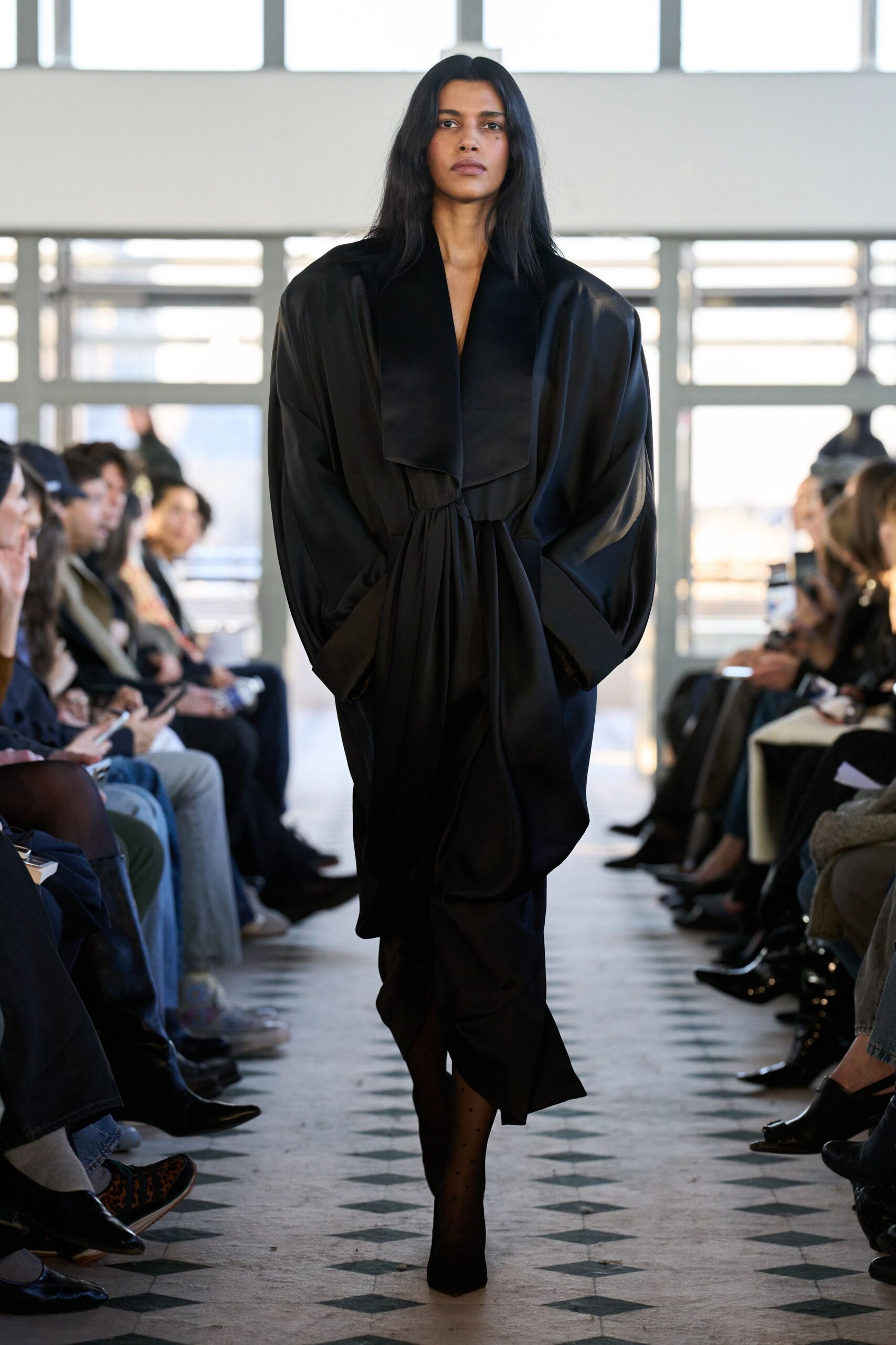 black silk long-sleeve v-neck relaxed draped midi dress