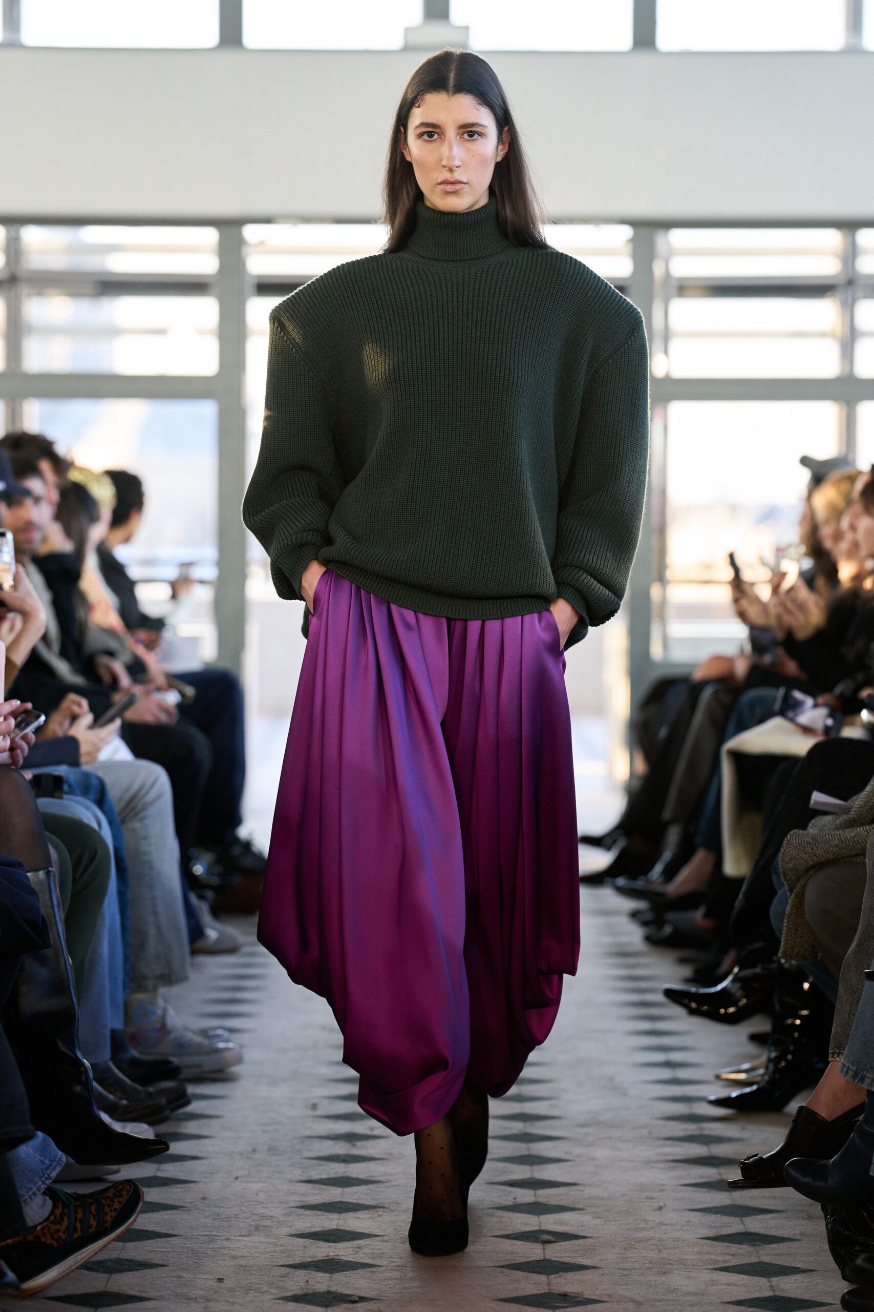 purple silk relaxed pleated flowing skirt