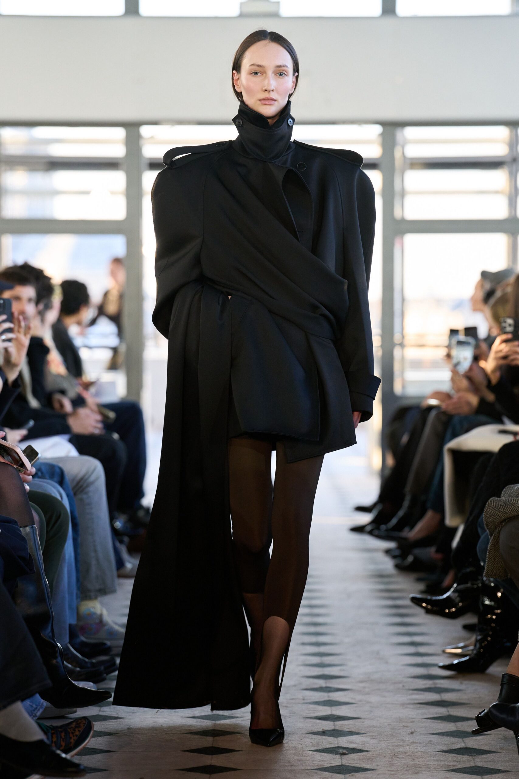 black silk long-sleeve high-neck fitted draped mini dress