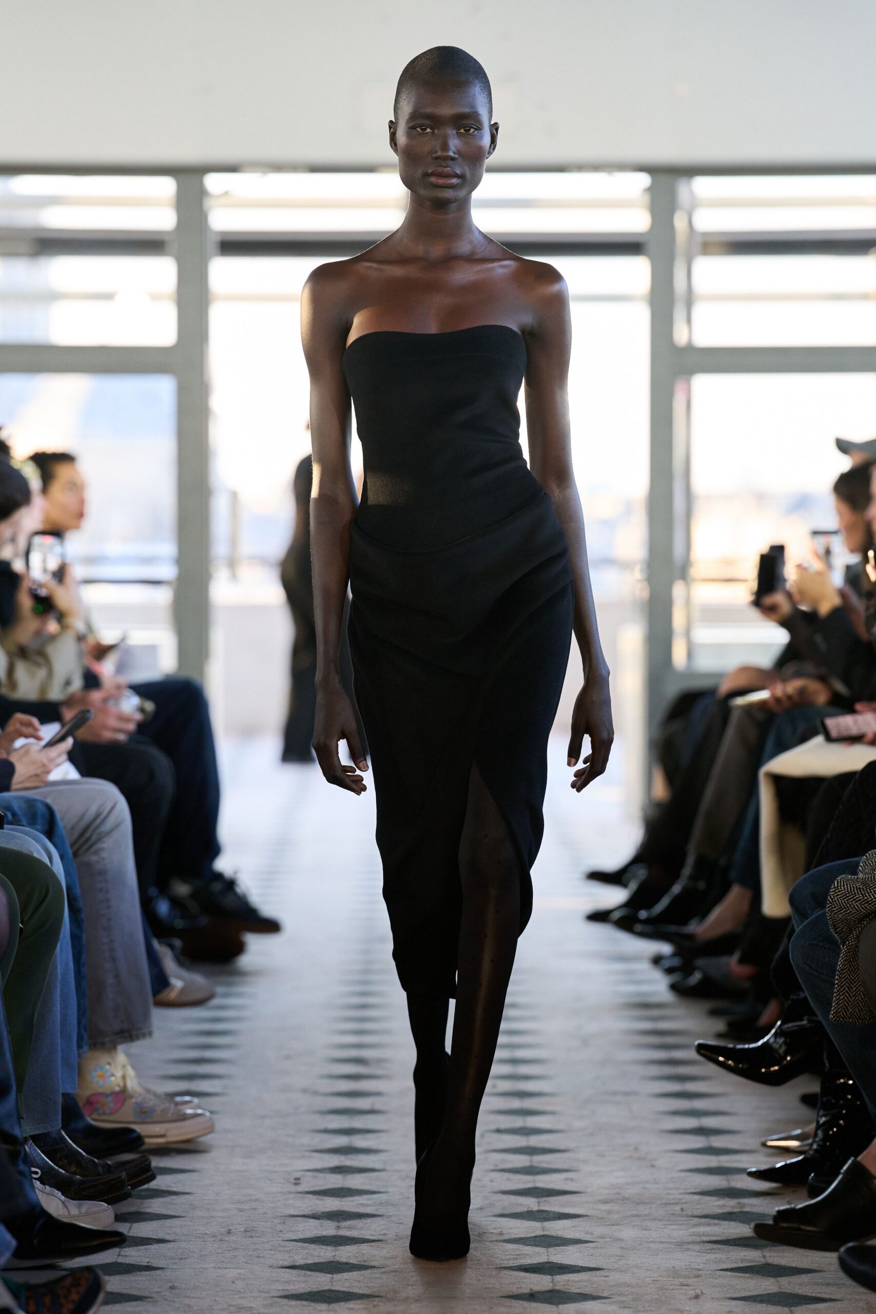 black strapless midi gown
