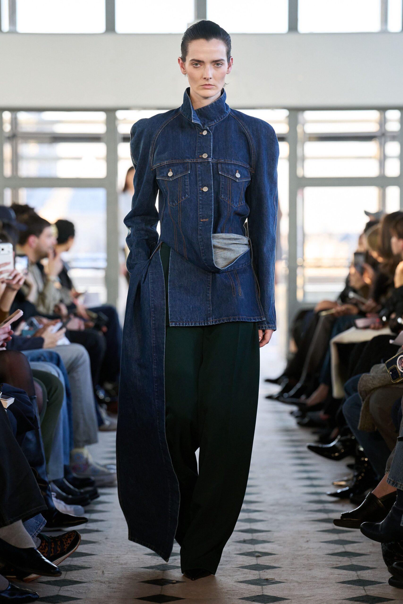 blue denim long-sleeve collared structured buttoned zippered jacket