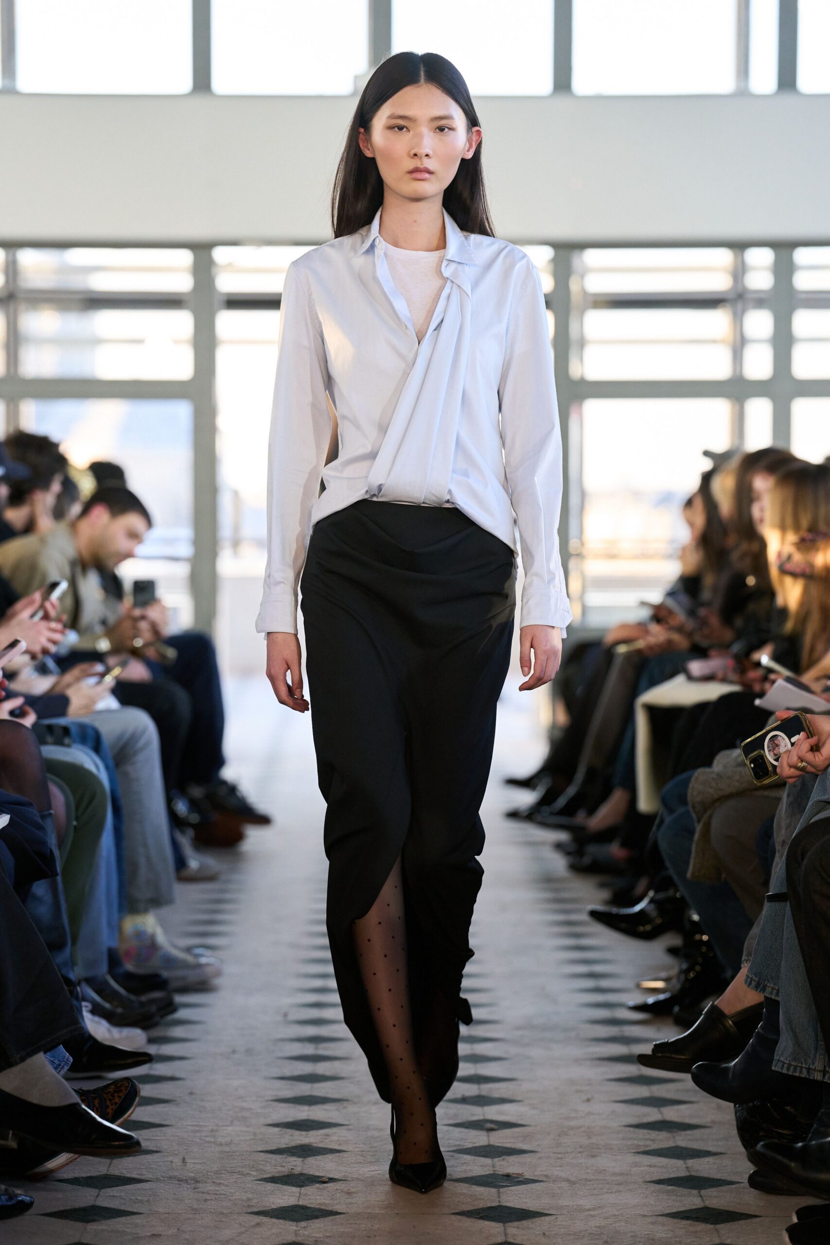 white fitted shirt black pencil skirt