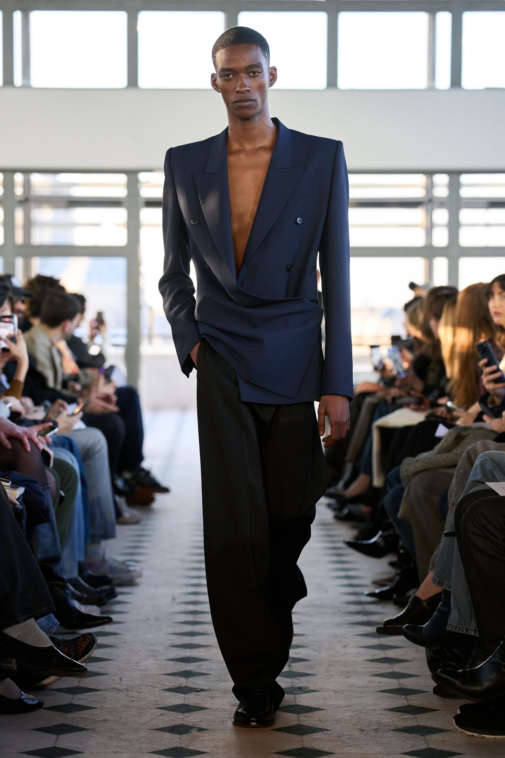 blue structured blazer with relaxed pants