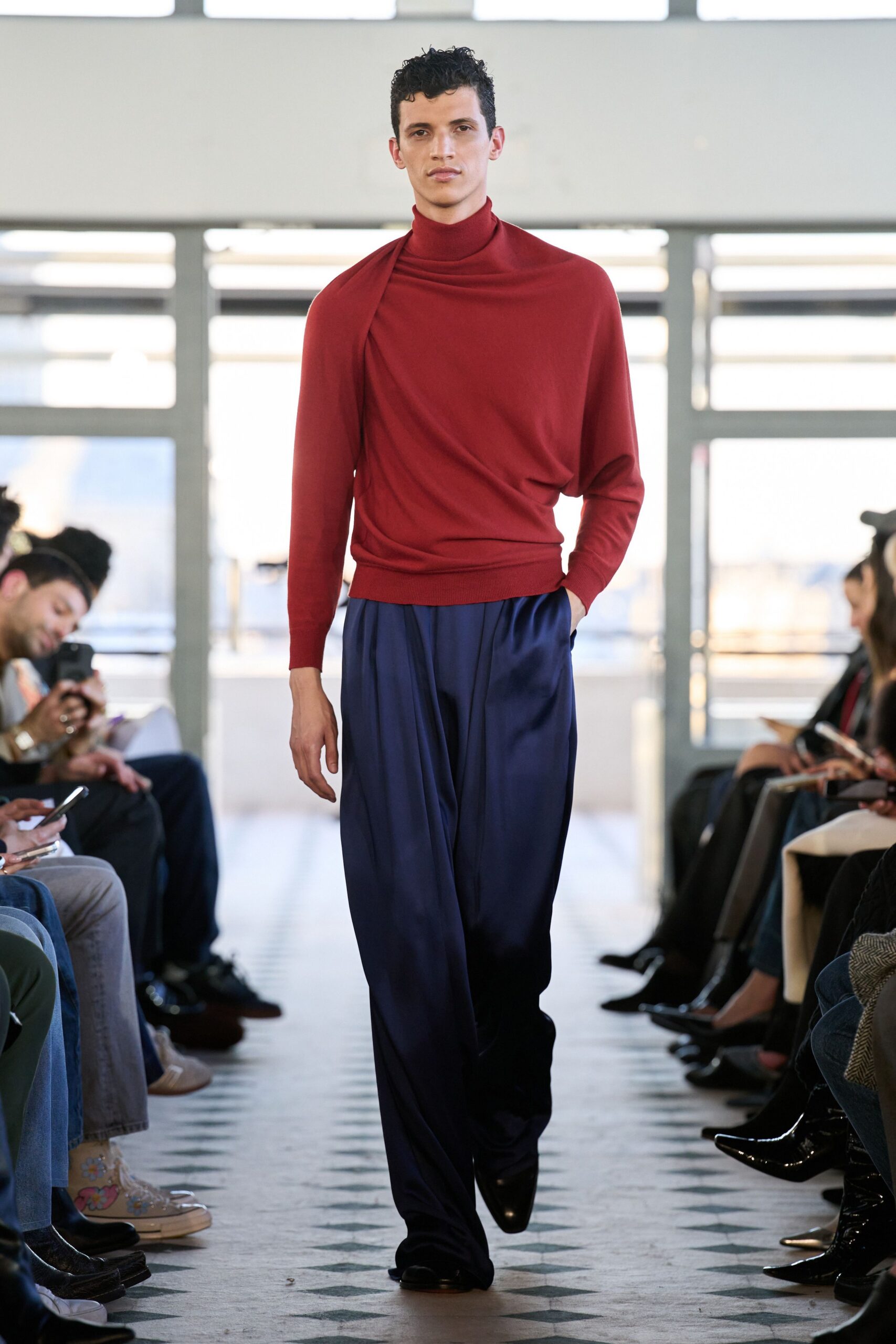 red cotton long-sleeve turtleneck relaxed draped top