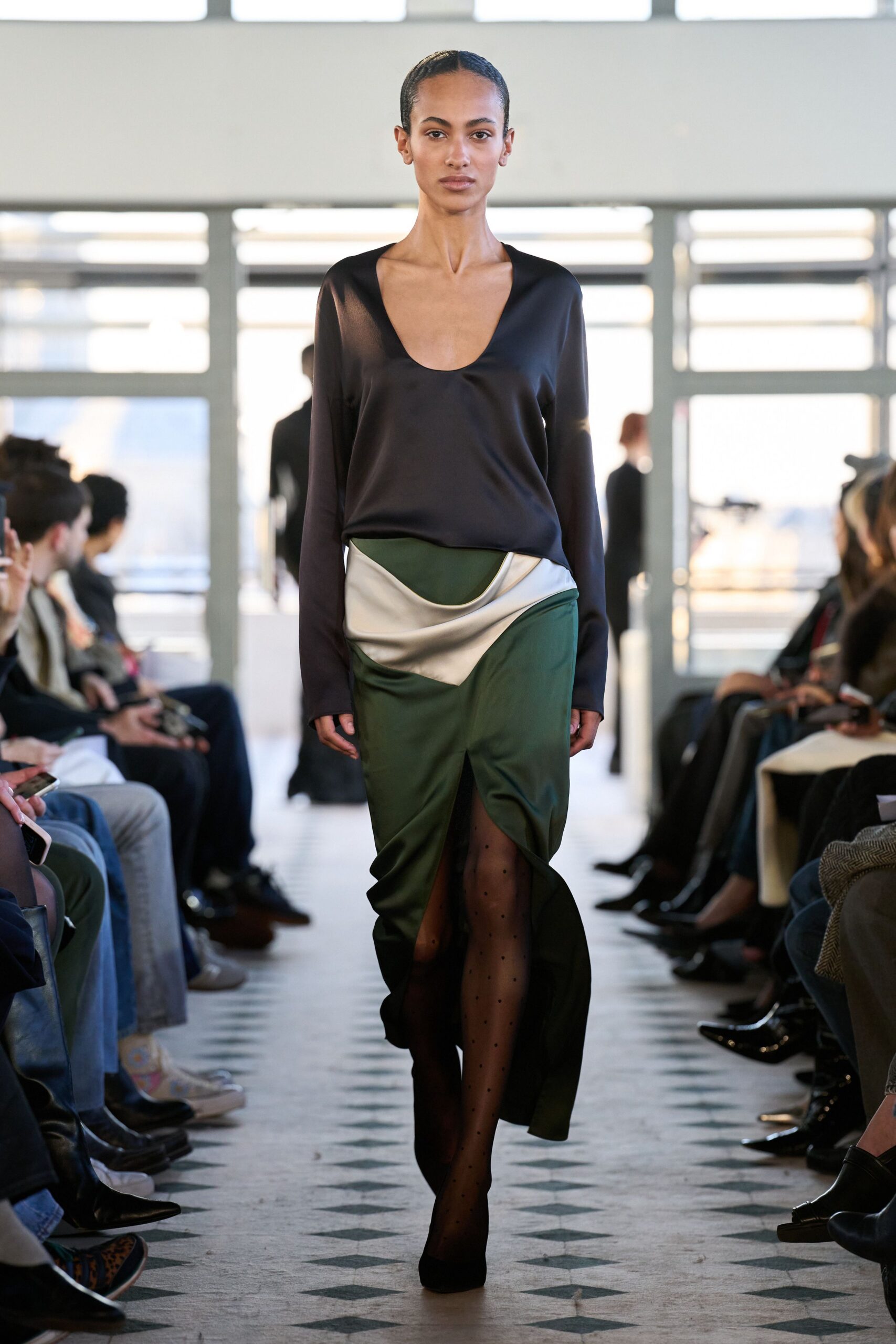 green silk asymmetric slit fitted skirt
