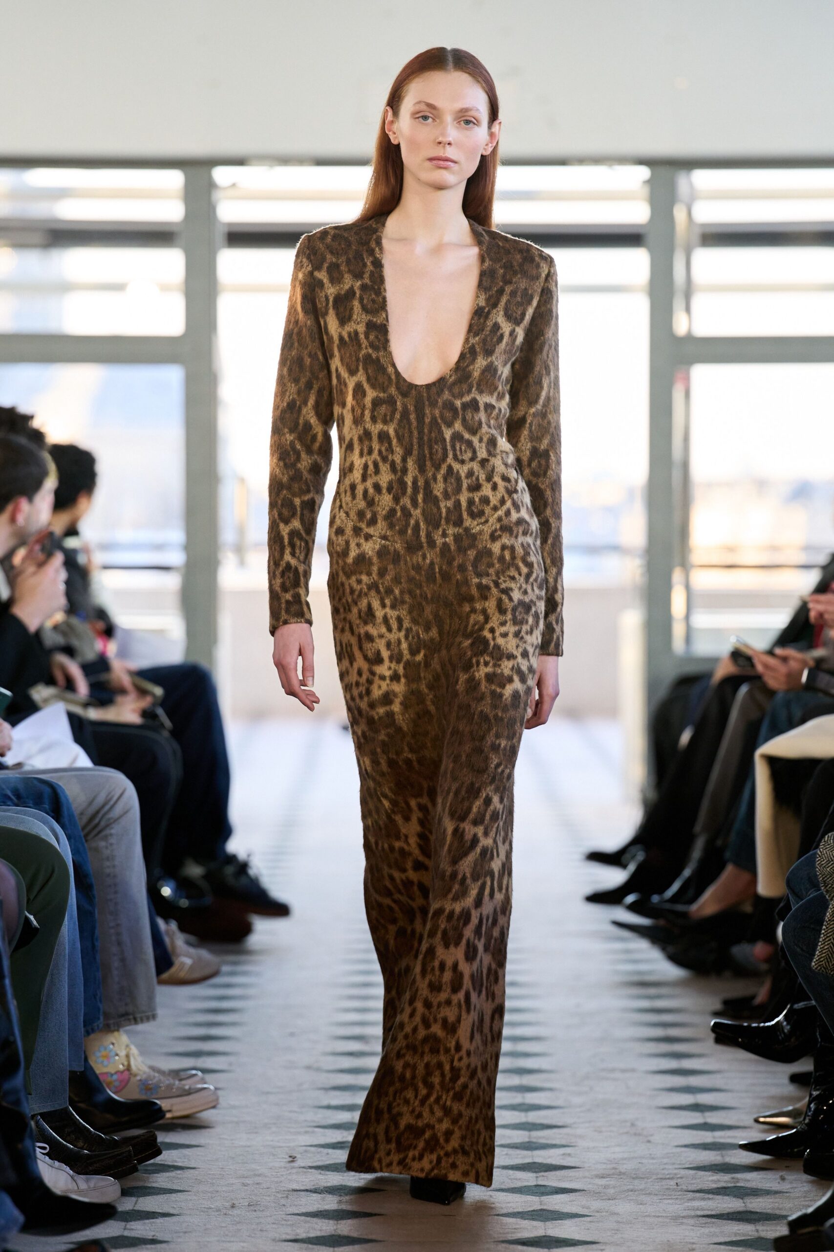 brown knit long-sleeve v-neck fitted animal-print maxi gown