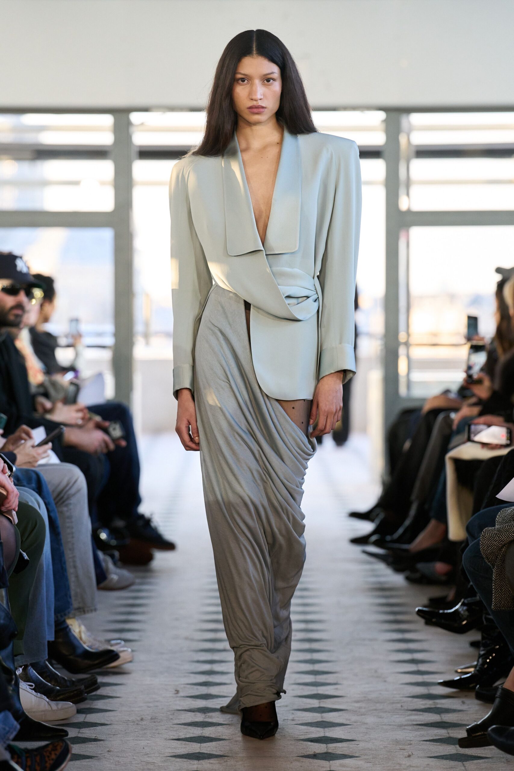 gray silk fitted high-waisted draped skirt