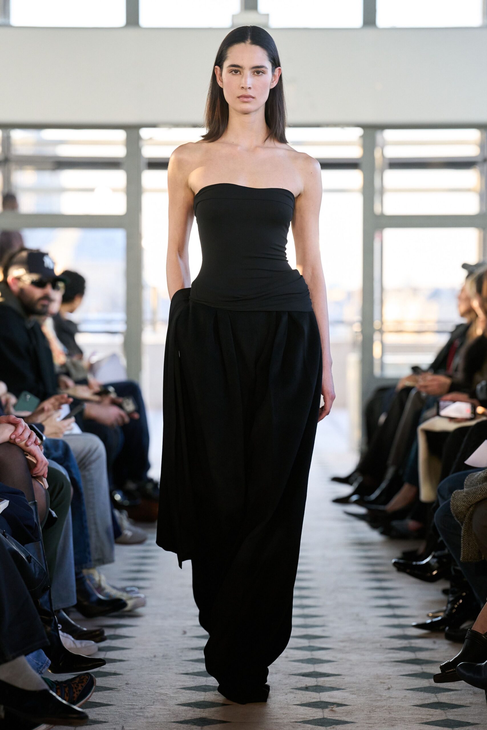 black silk strapless gown